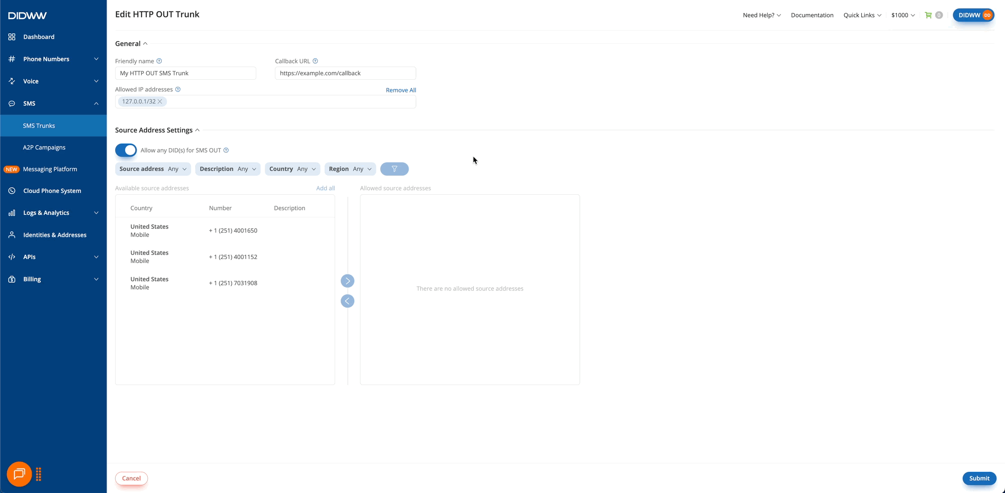 Source address selection for SMS to HTTP OUT Trunk.