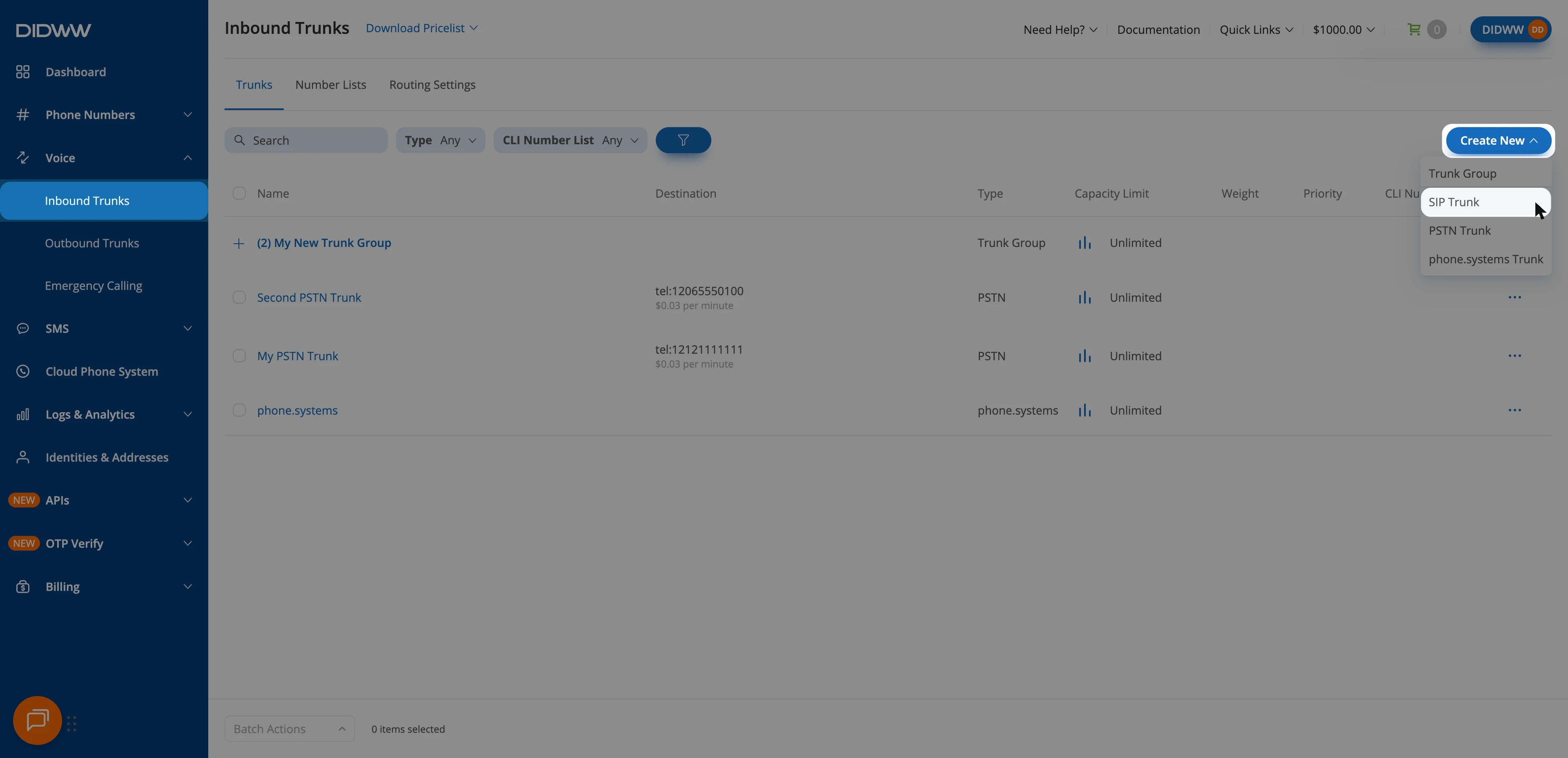 Creating a new inbound SIP trunk