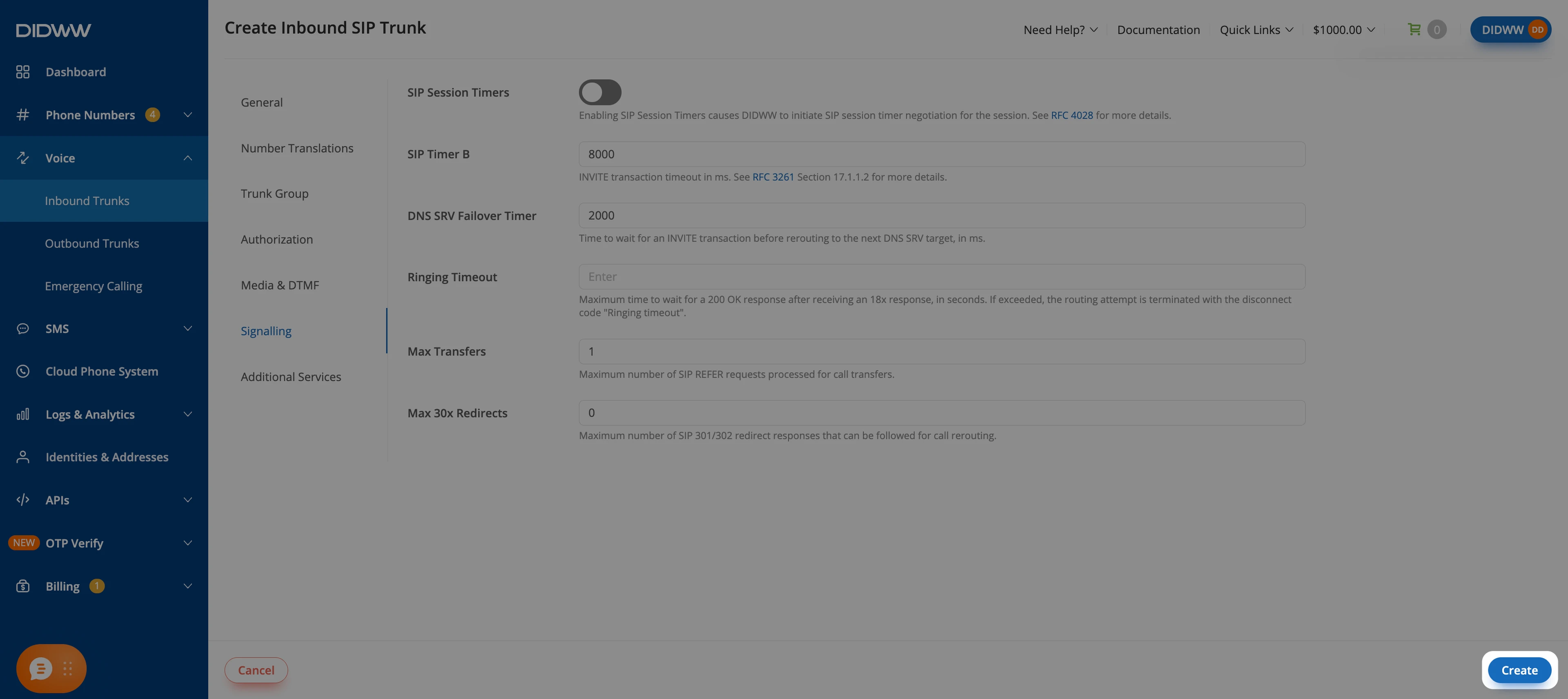 Create button on the Create Inbound SIP Trunk form