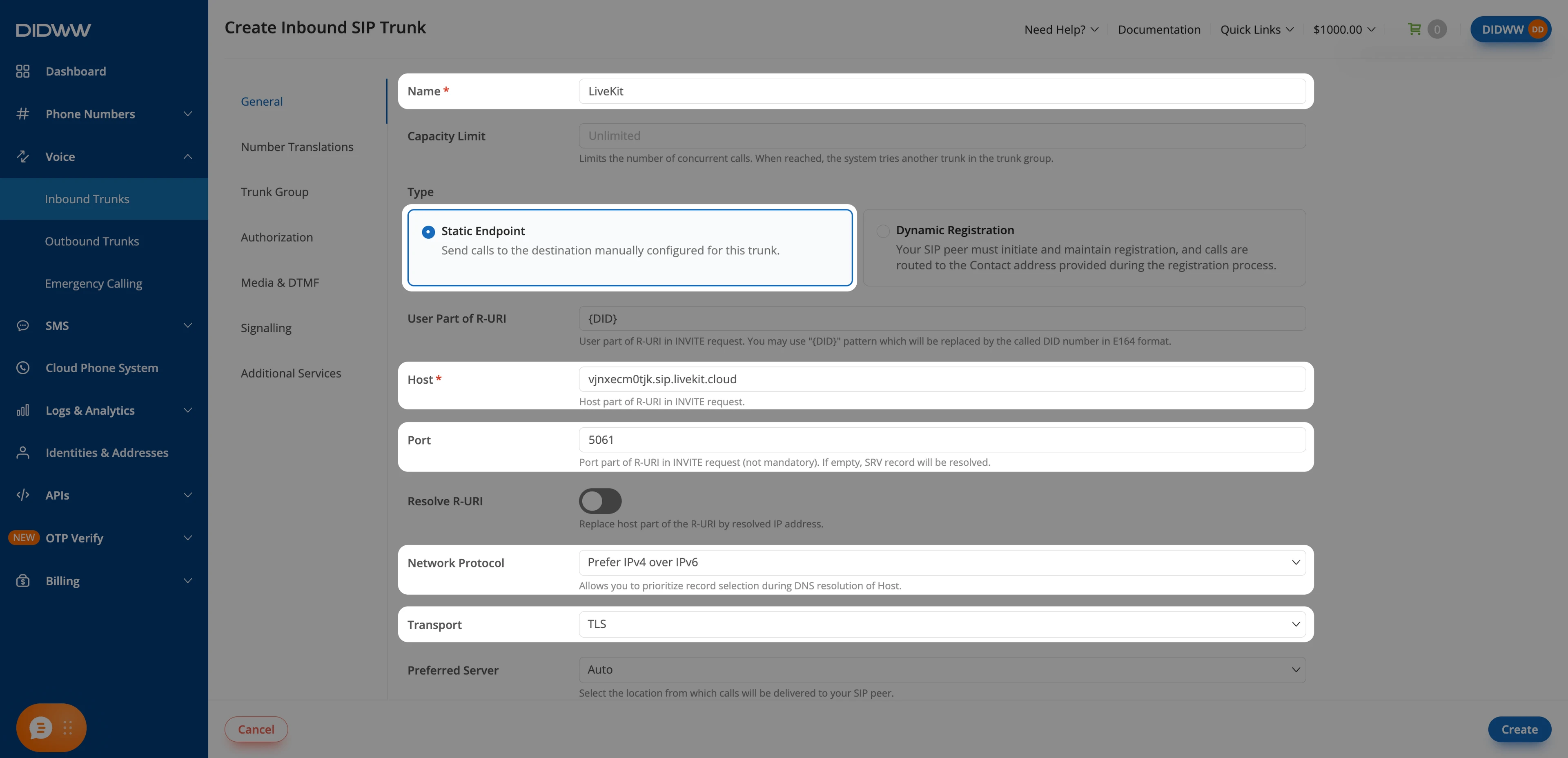 SIP trunk configured for LiveKit
