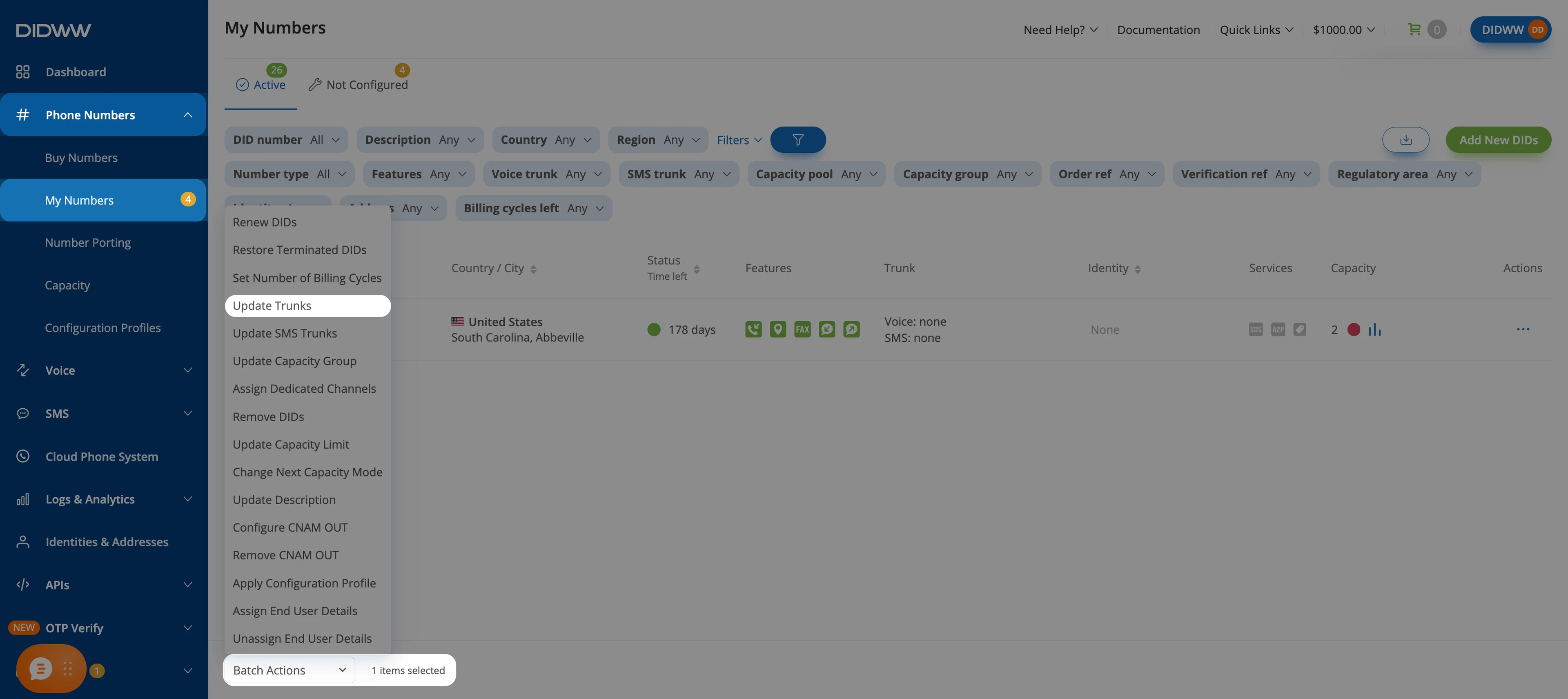 Batch Actions menu with Update Trunks selected for one DID number