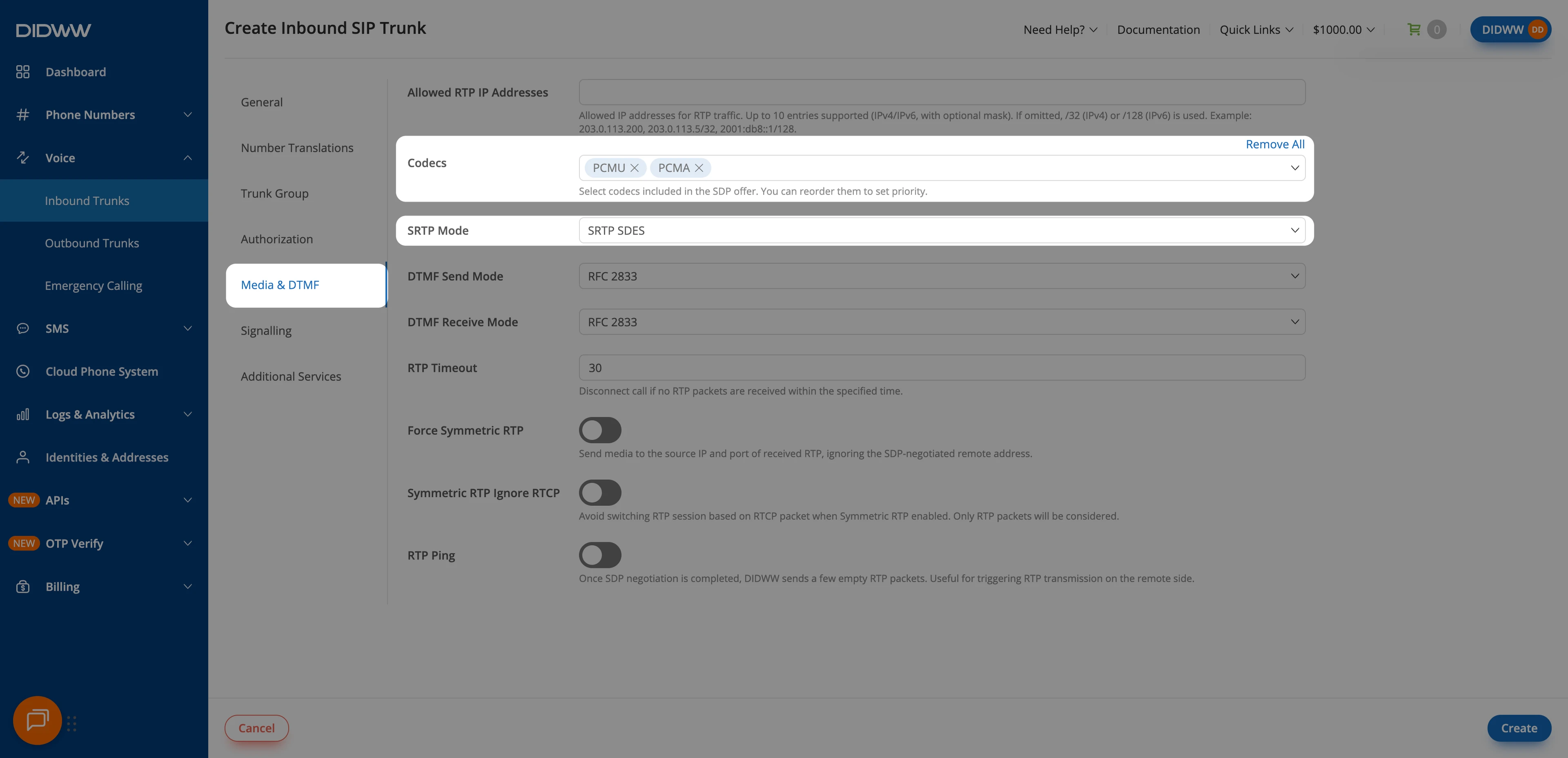 Media and DTMF settings for the inbound SIP trunk