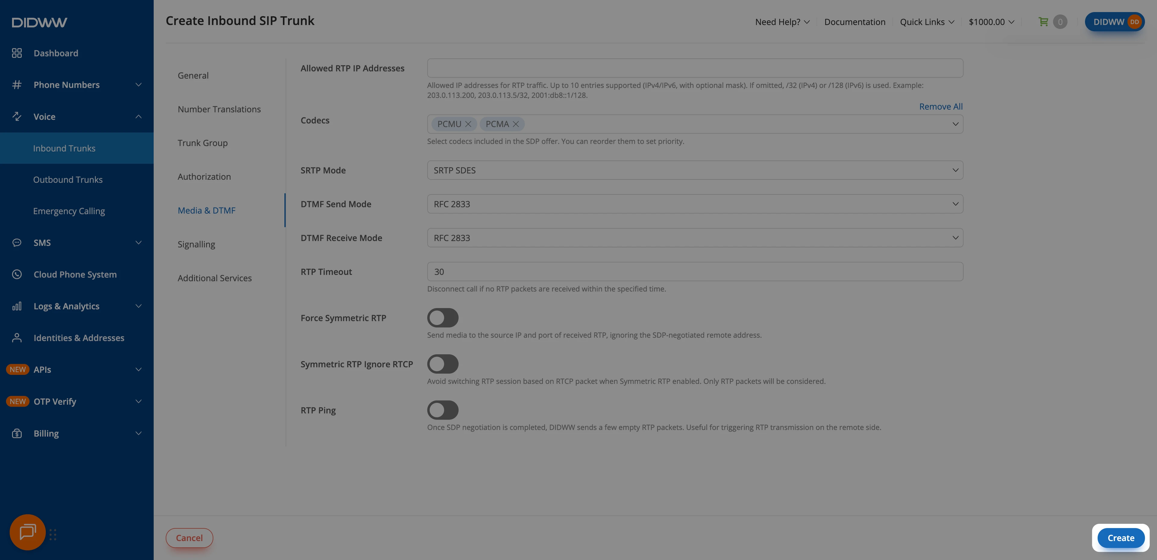 Create button for the inbound SIP trunk