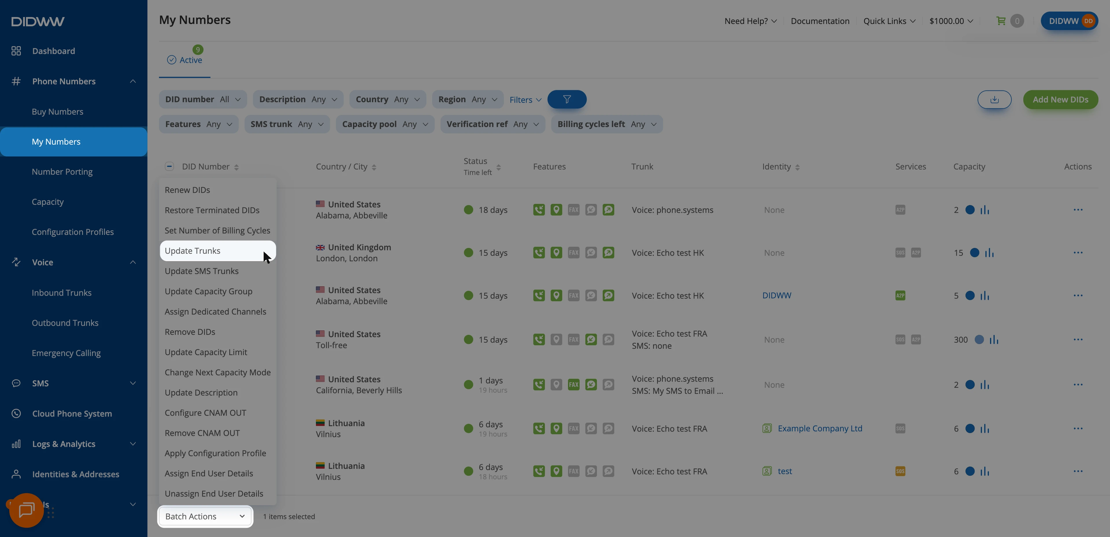 Selecting Update Trunks from the Batch Actions menu