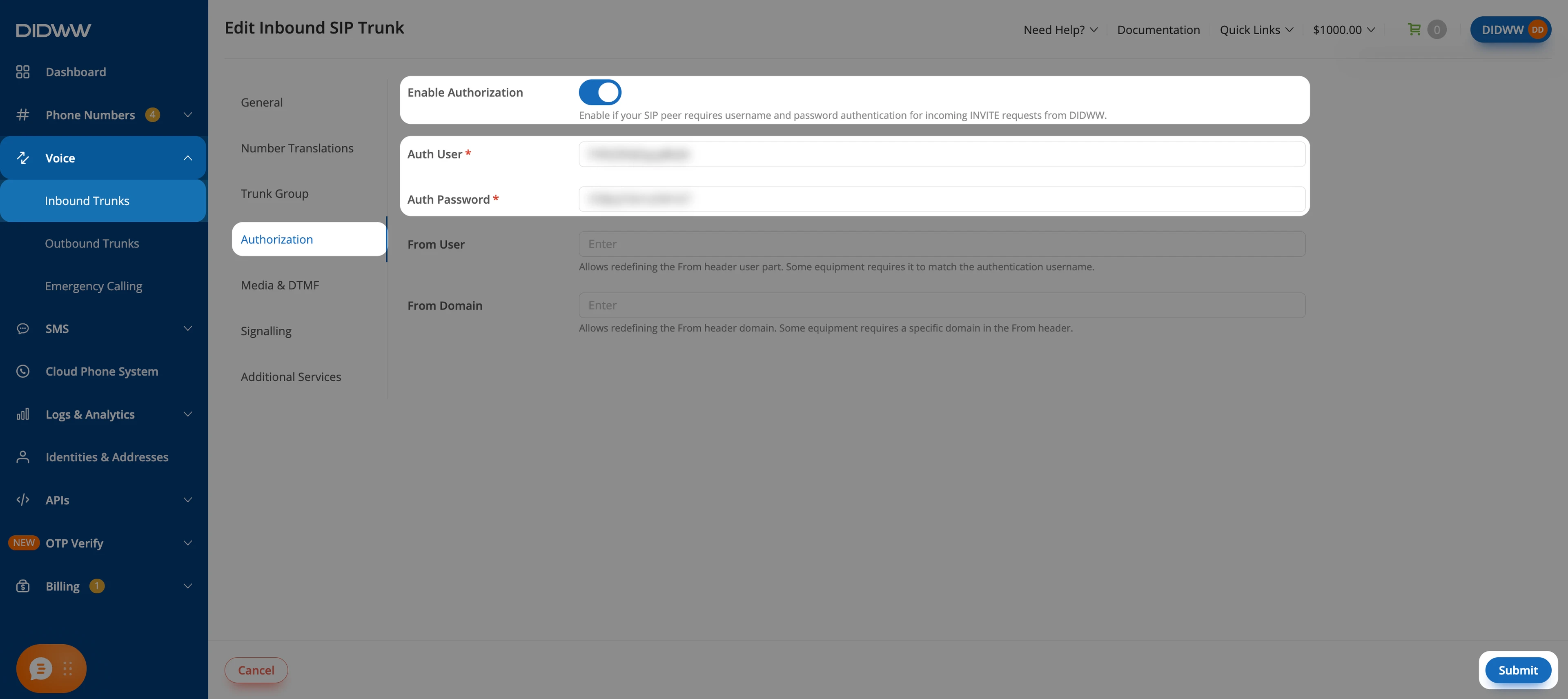 Authorization tab of the inbound trunk with Enable Authorization turned on