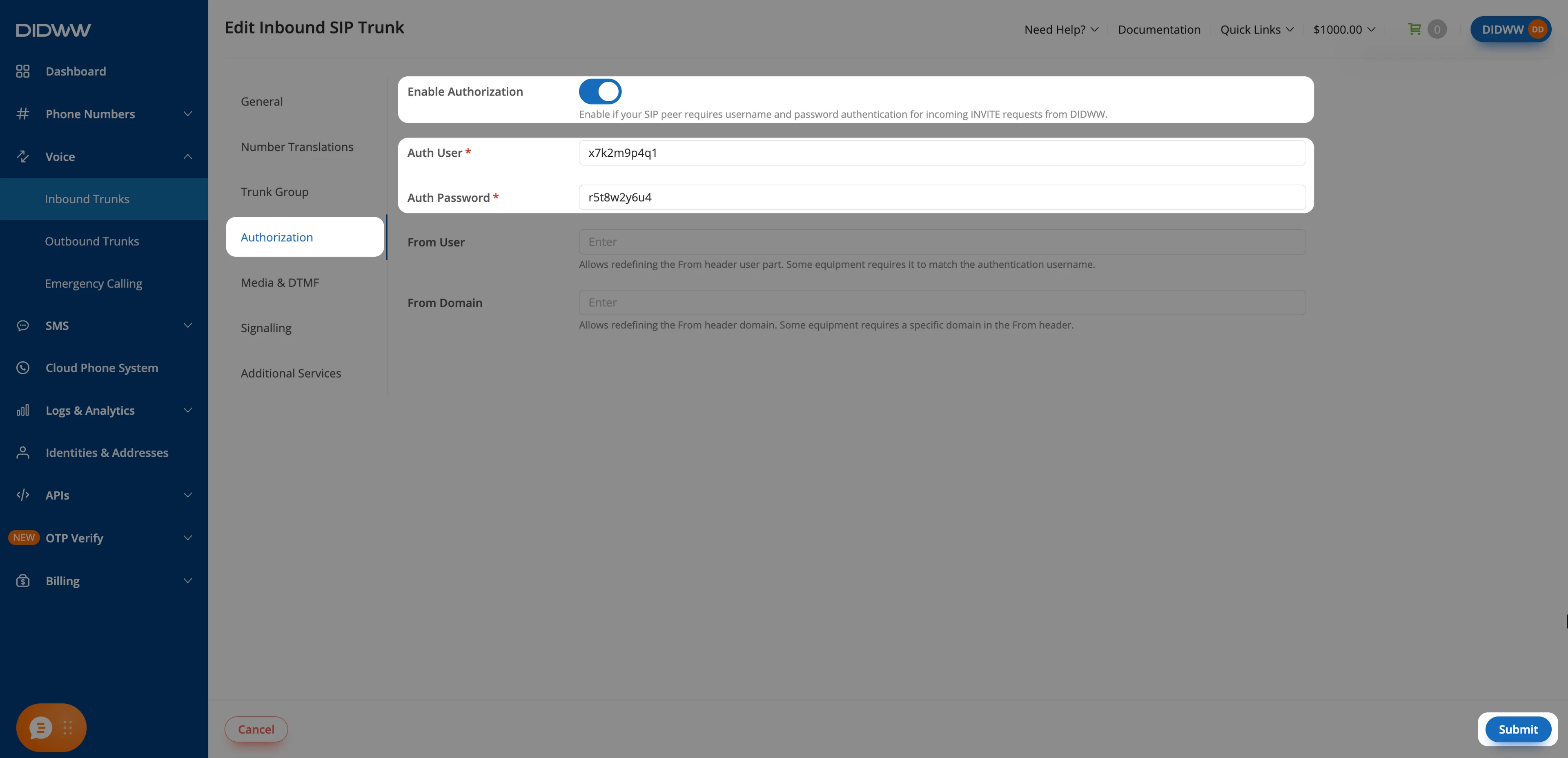 Outbound trunk credentials entered on the Authorization tab of the inbound SIP trunk