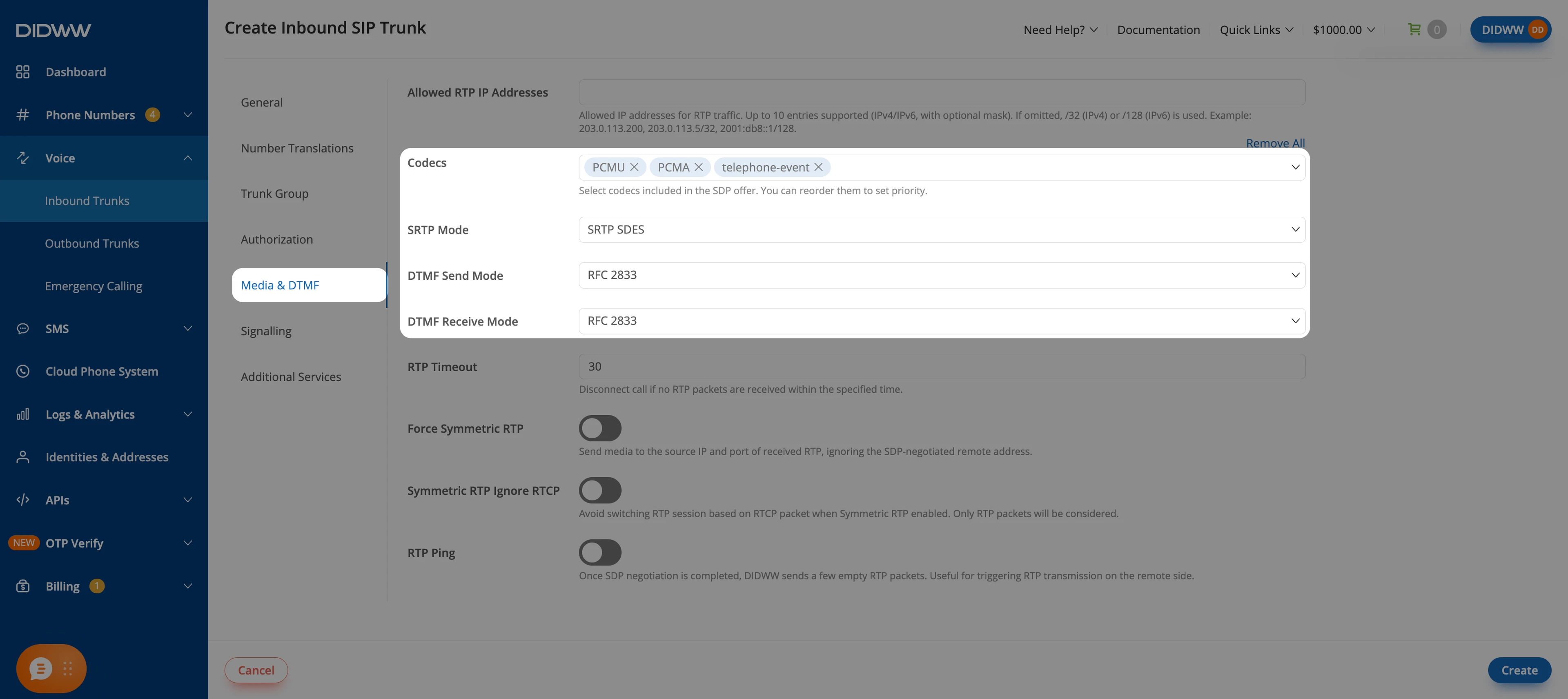 Media and DTMF tab with PCMU, PCMA, telephone-event, and SRTP SDES selected