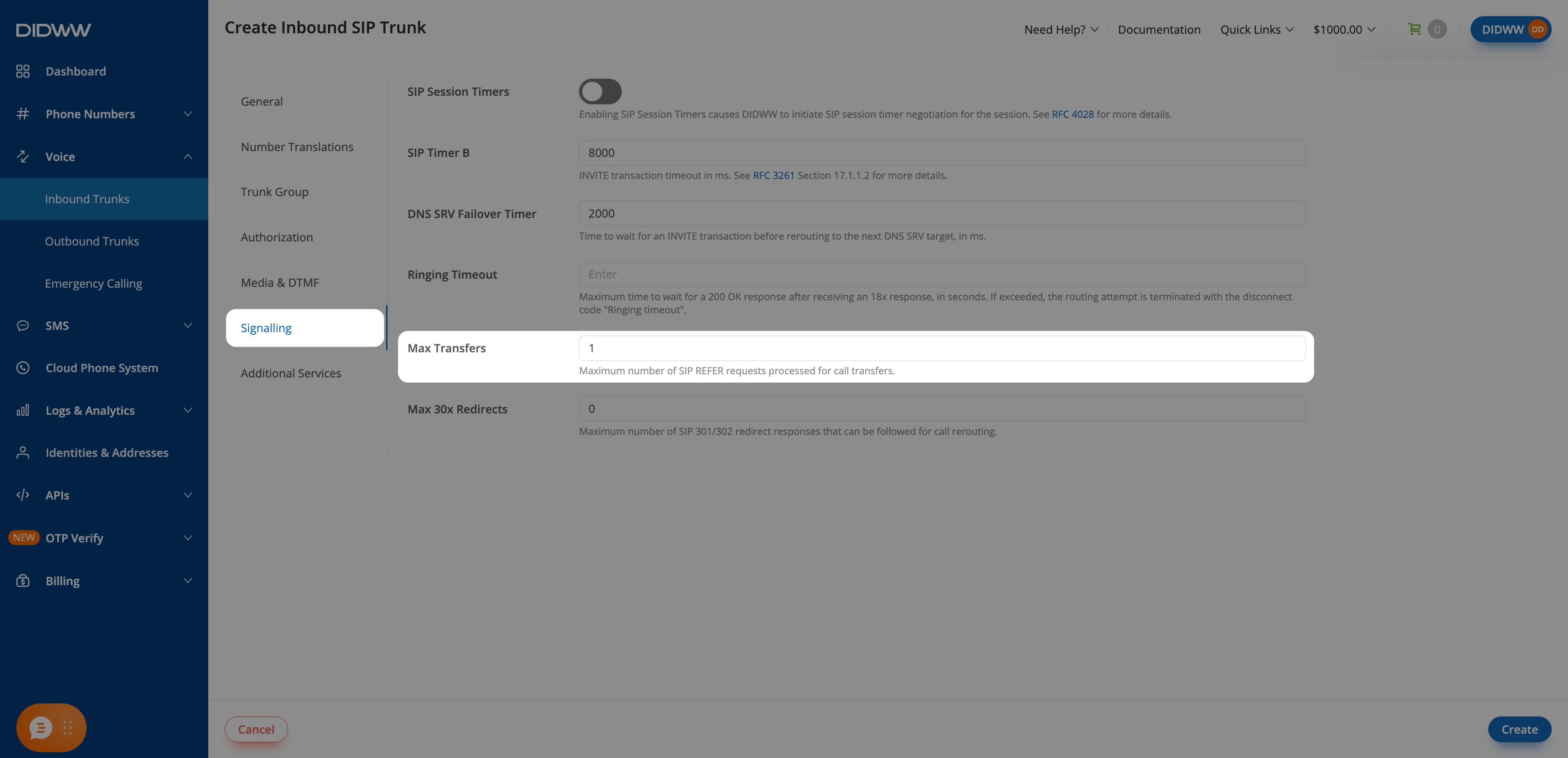 Max Transfers set on the Signalling tab of the inbound SIP trunk