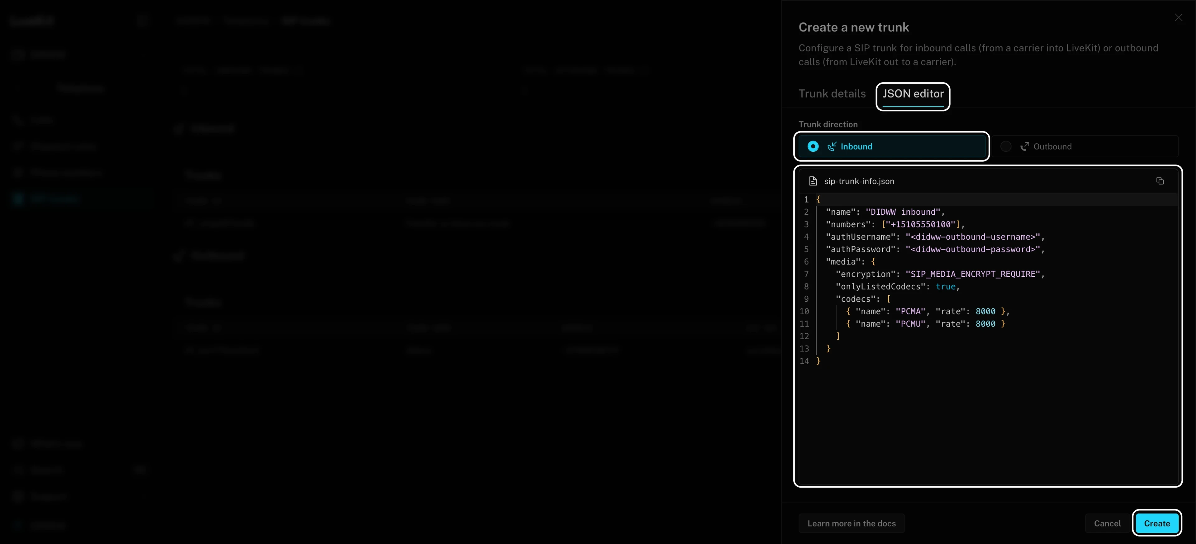 LiveKit inbound trunk configuration in the JSON editor