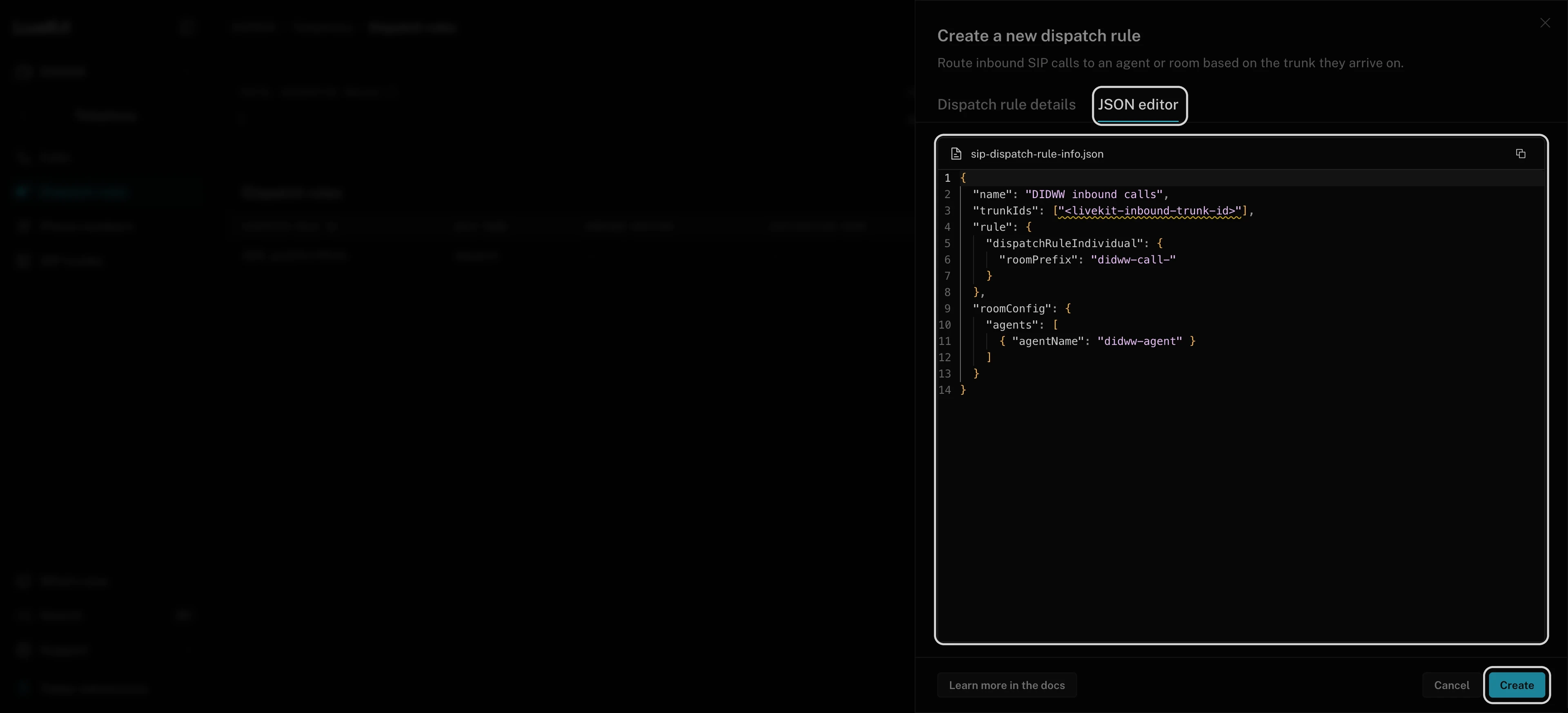 Individual dispatch rule in the LiveKit JSON editor