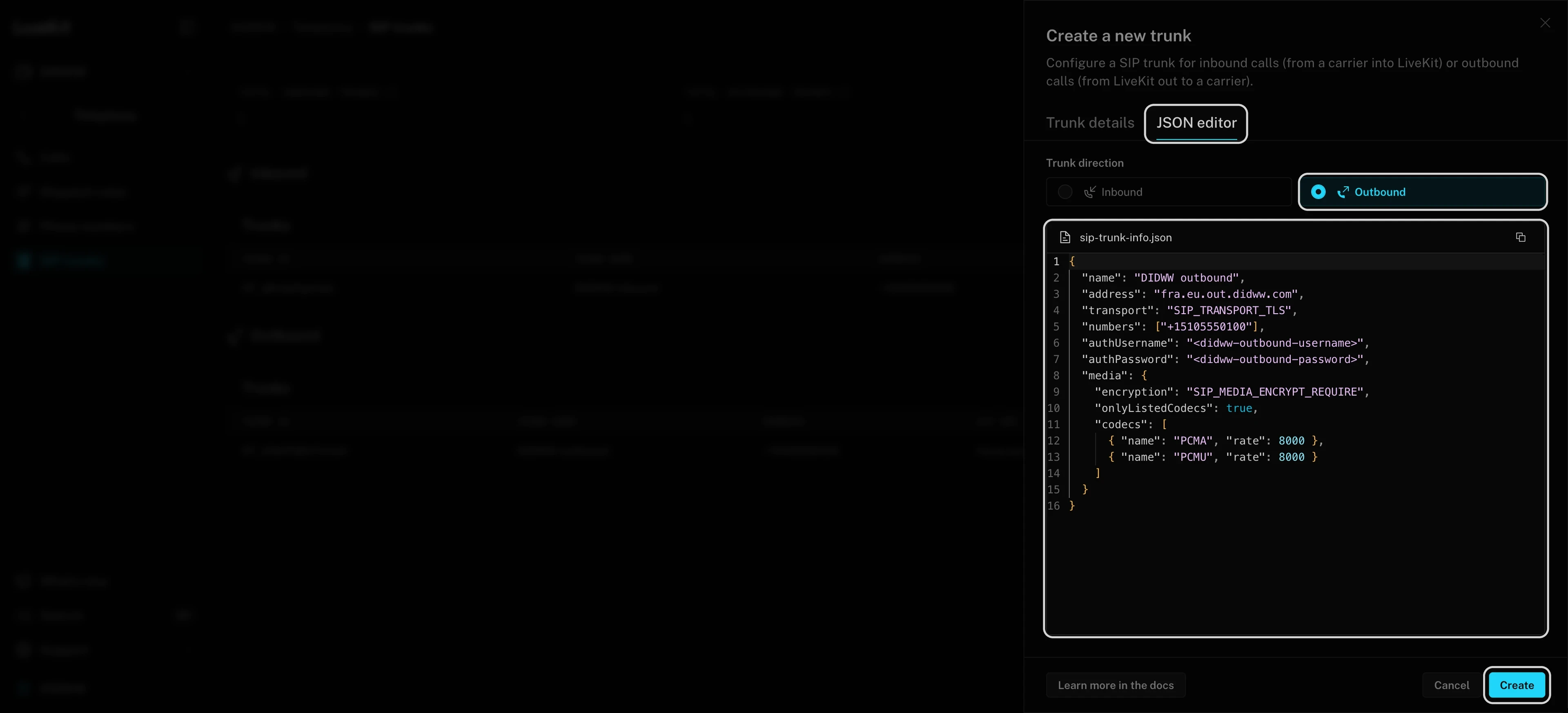 LiveKit outbound trunk configuration in the JSON editor