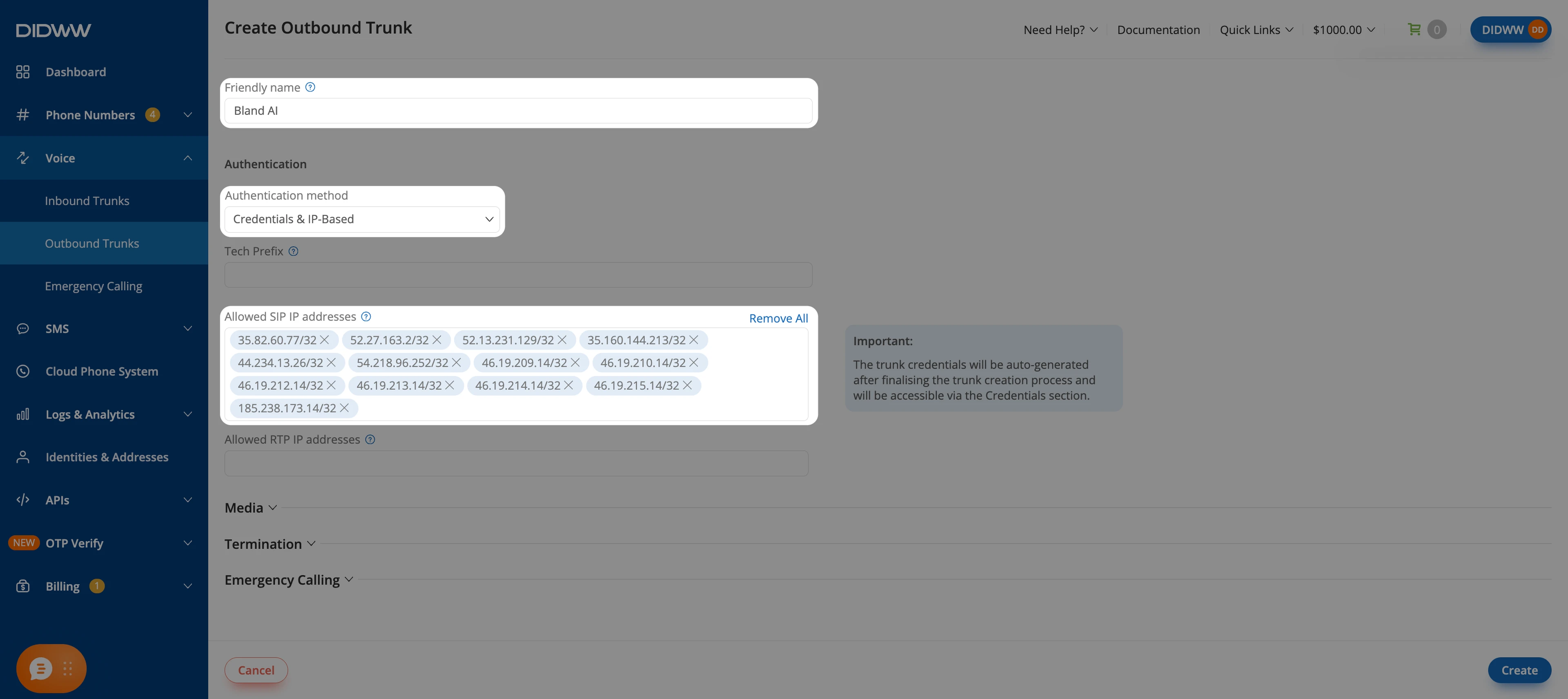 Create Outbound Trunk form with the Bland AI and DIDWW IP addresses entered