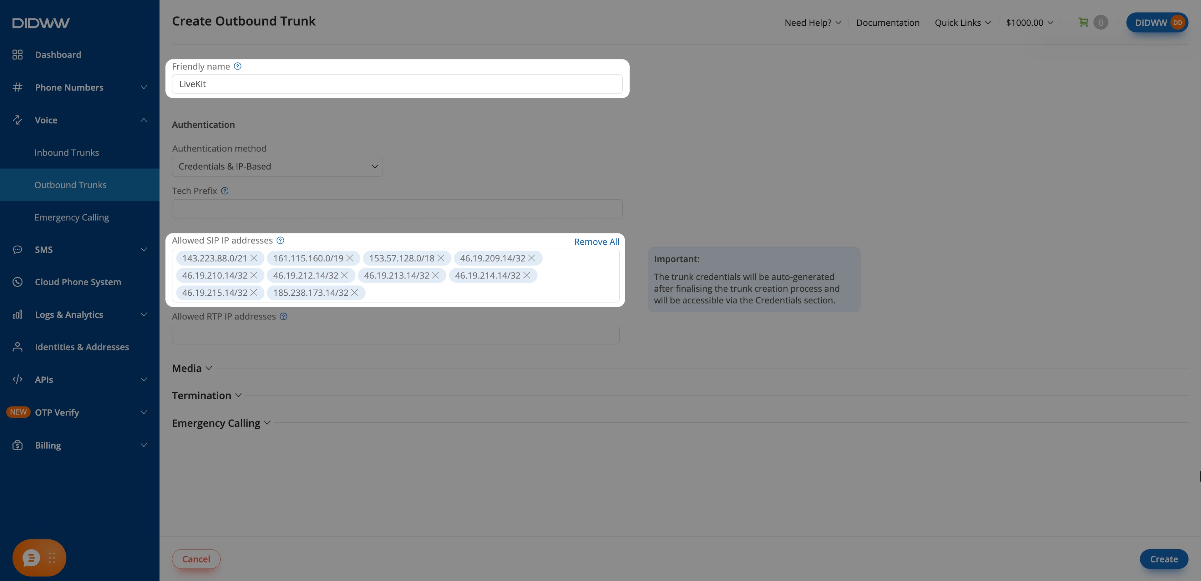Allowed SIP IP addresses for outbound trunk authentication