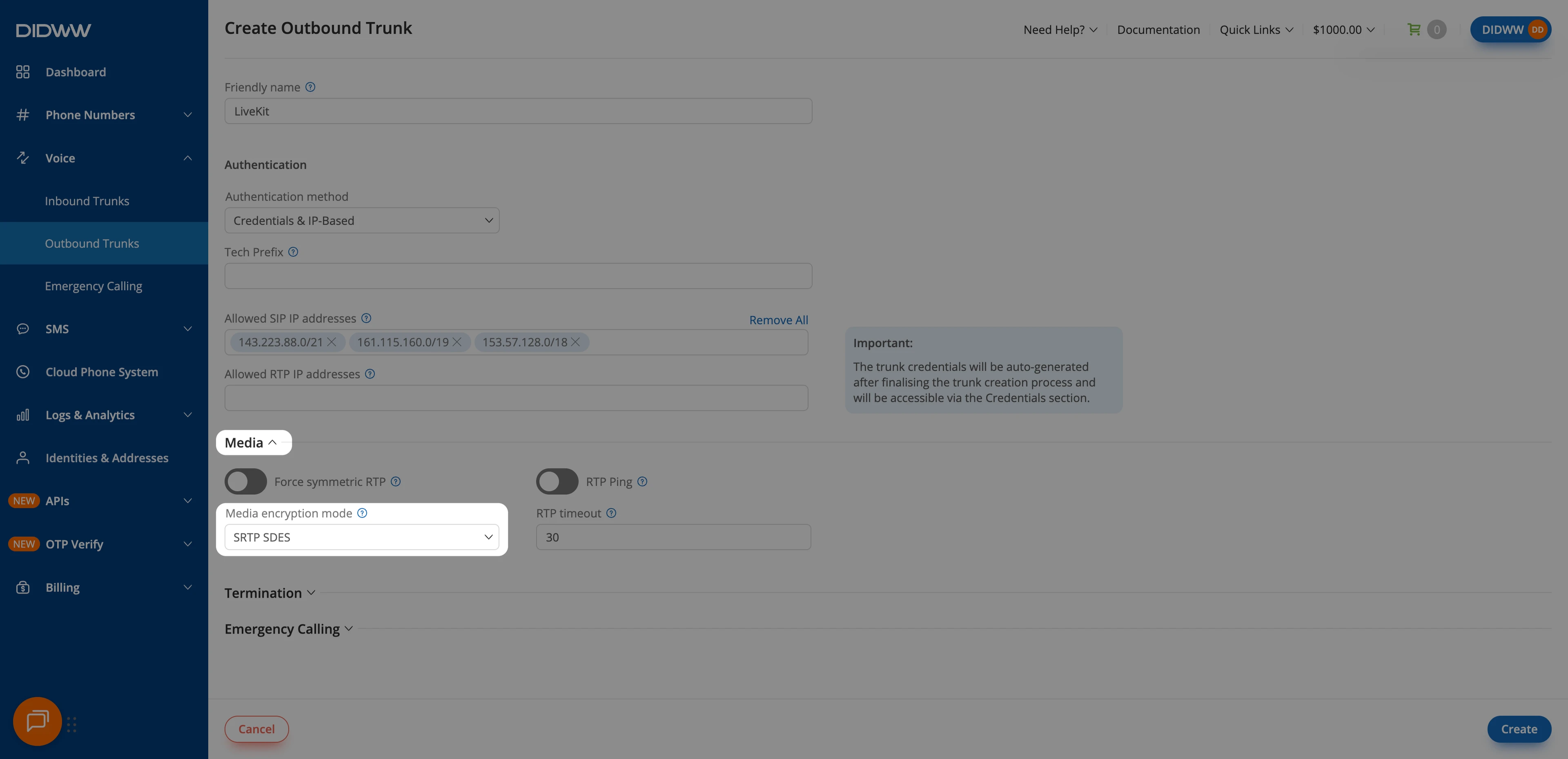 Media encryption mode set to SRTP SDES