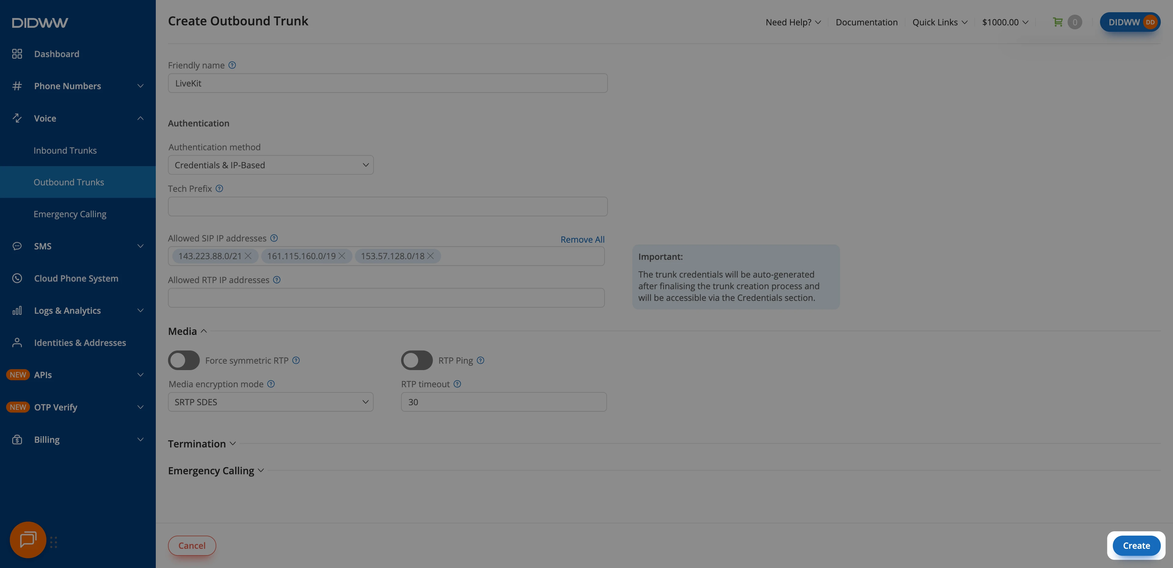 Create button for the outbound SIP trunk