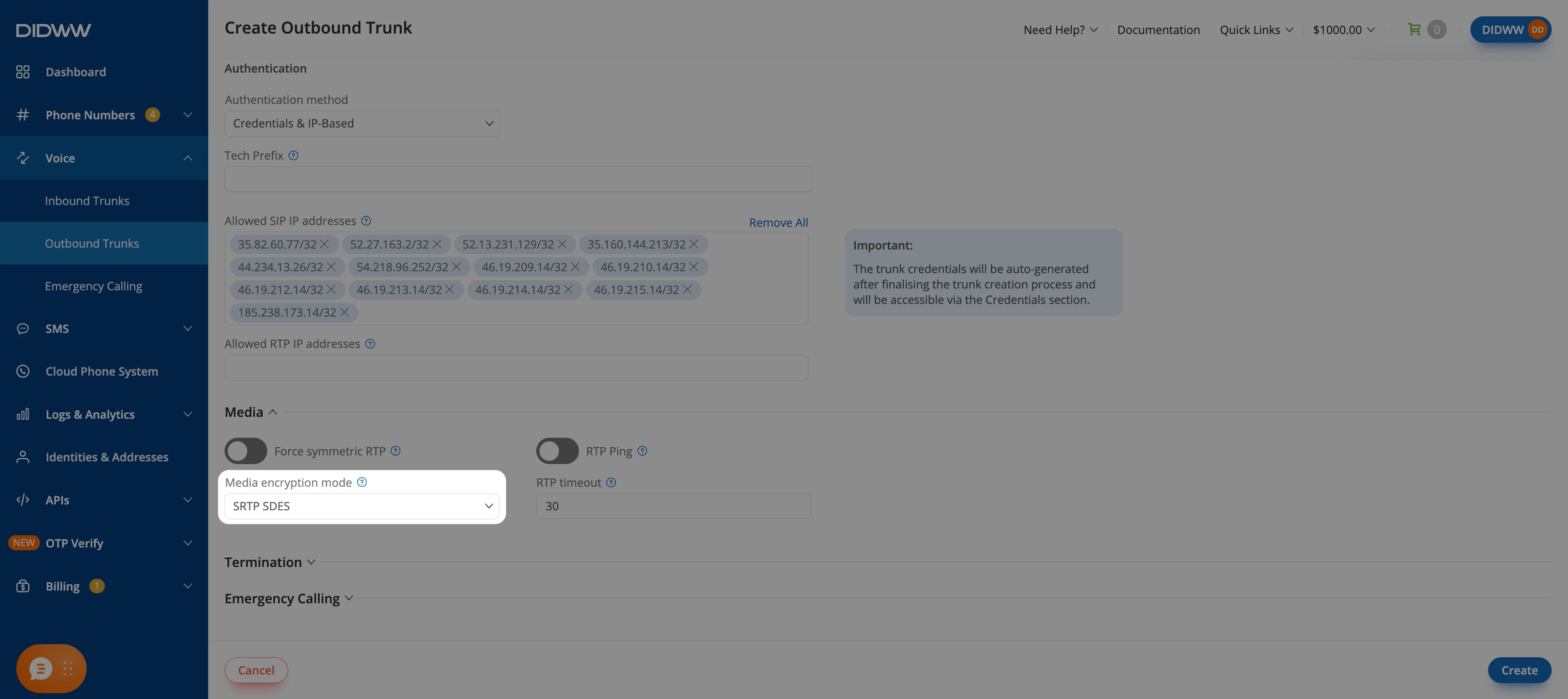 Media section with SRTP SDES selected as the media encryption mode
