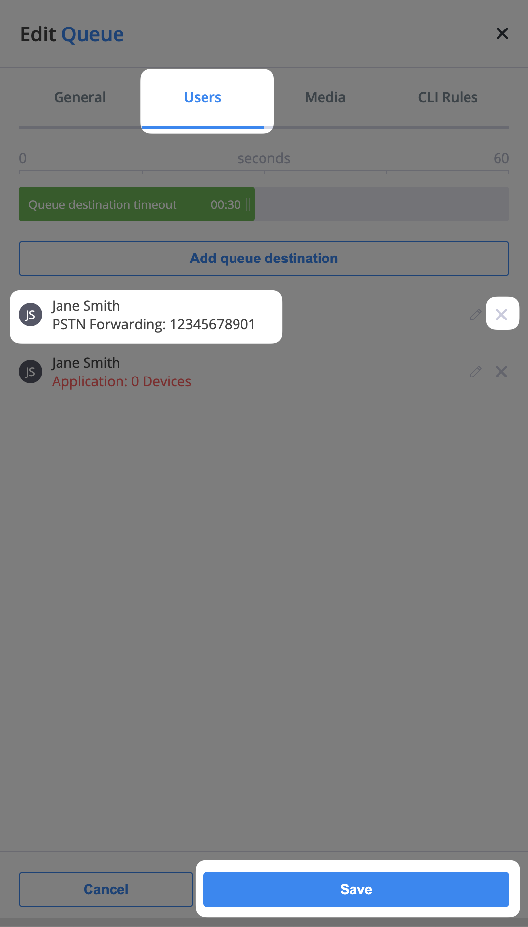 Removing a destination from a queue