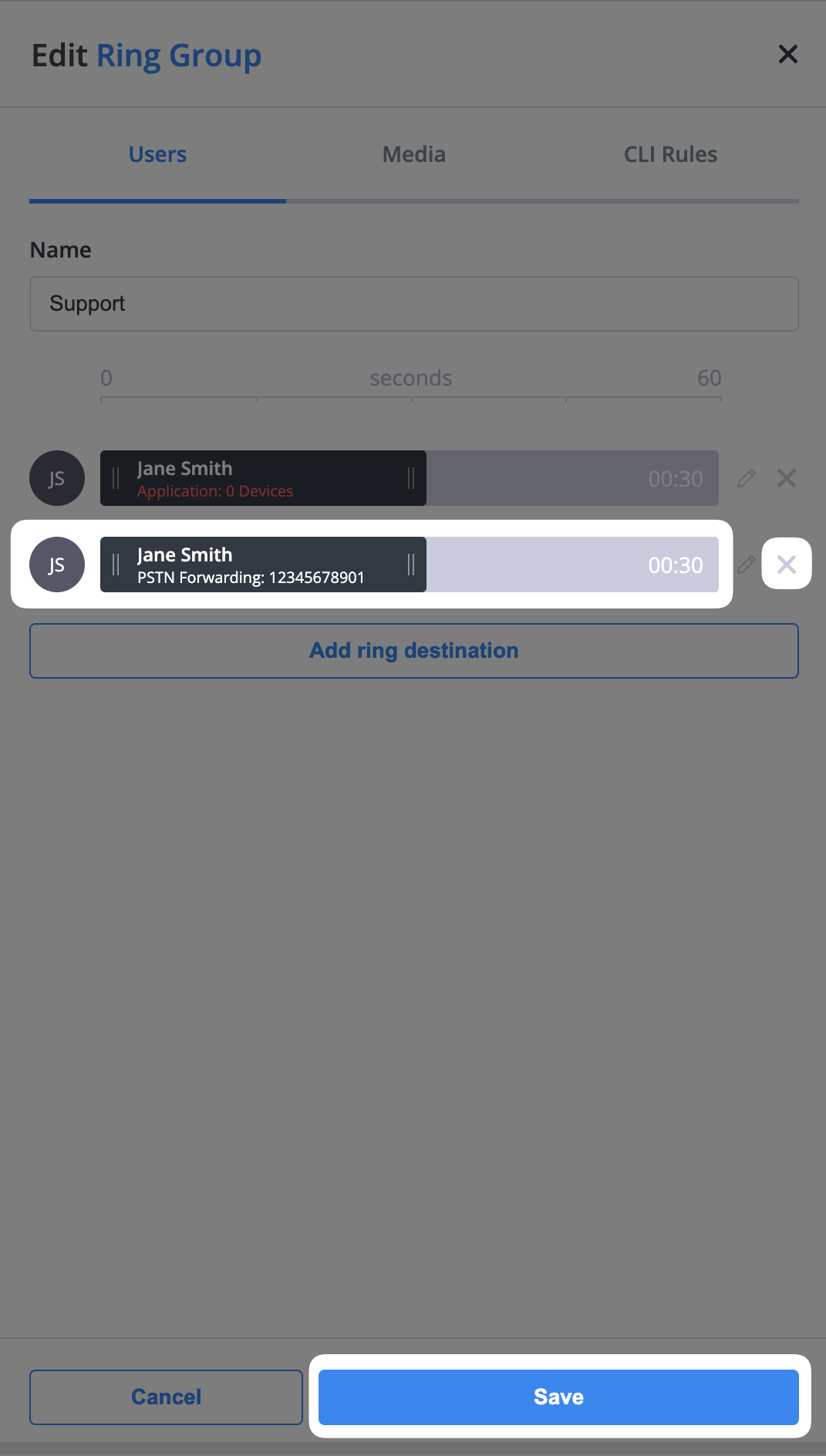 Removing a destination from a ring group