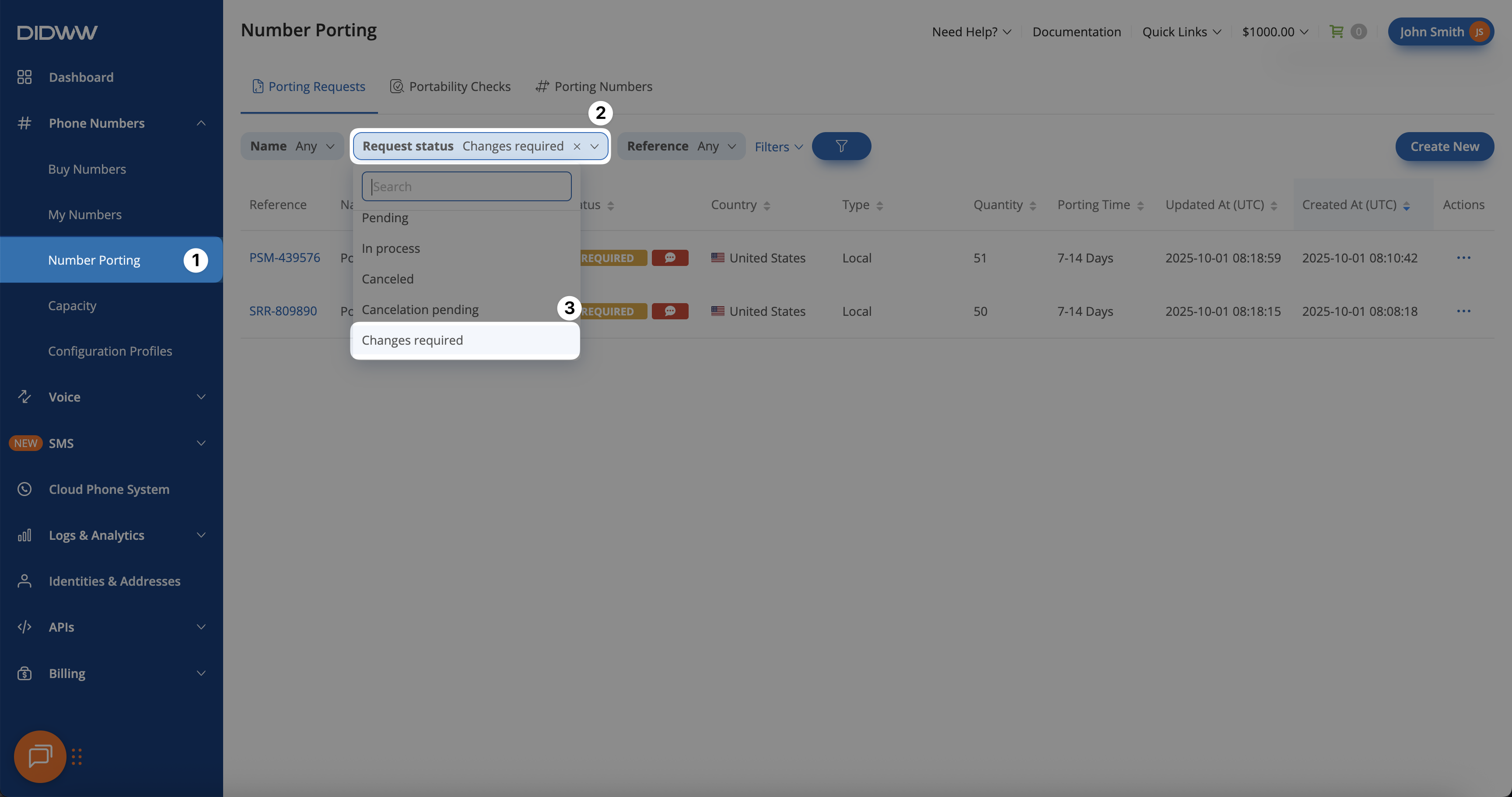 Filter porting requests by status Changes Required