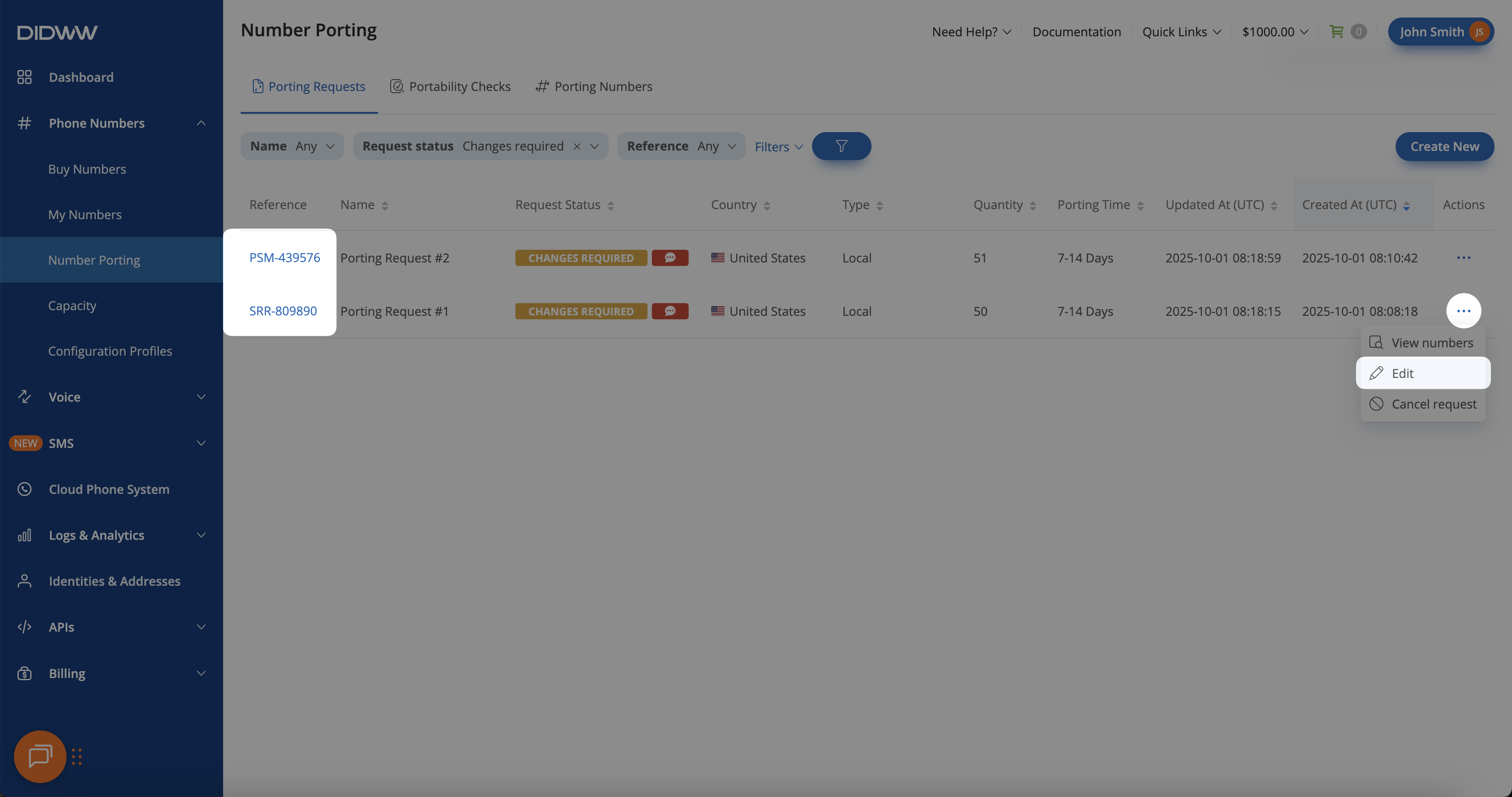 Opening the porting request edit page