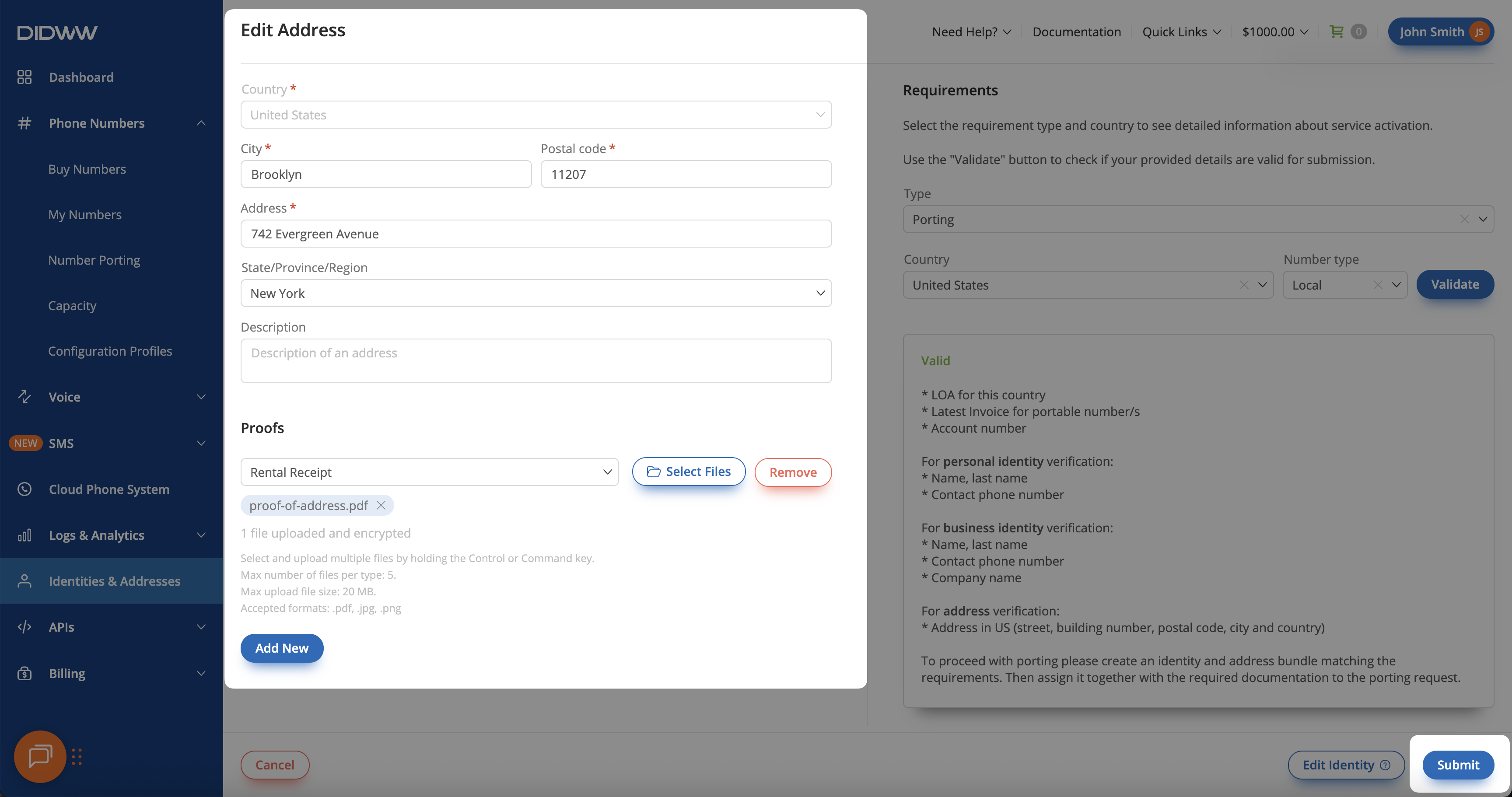Uploading proof documents
