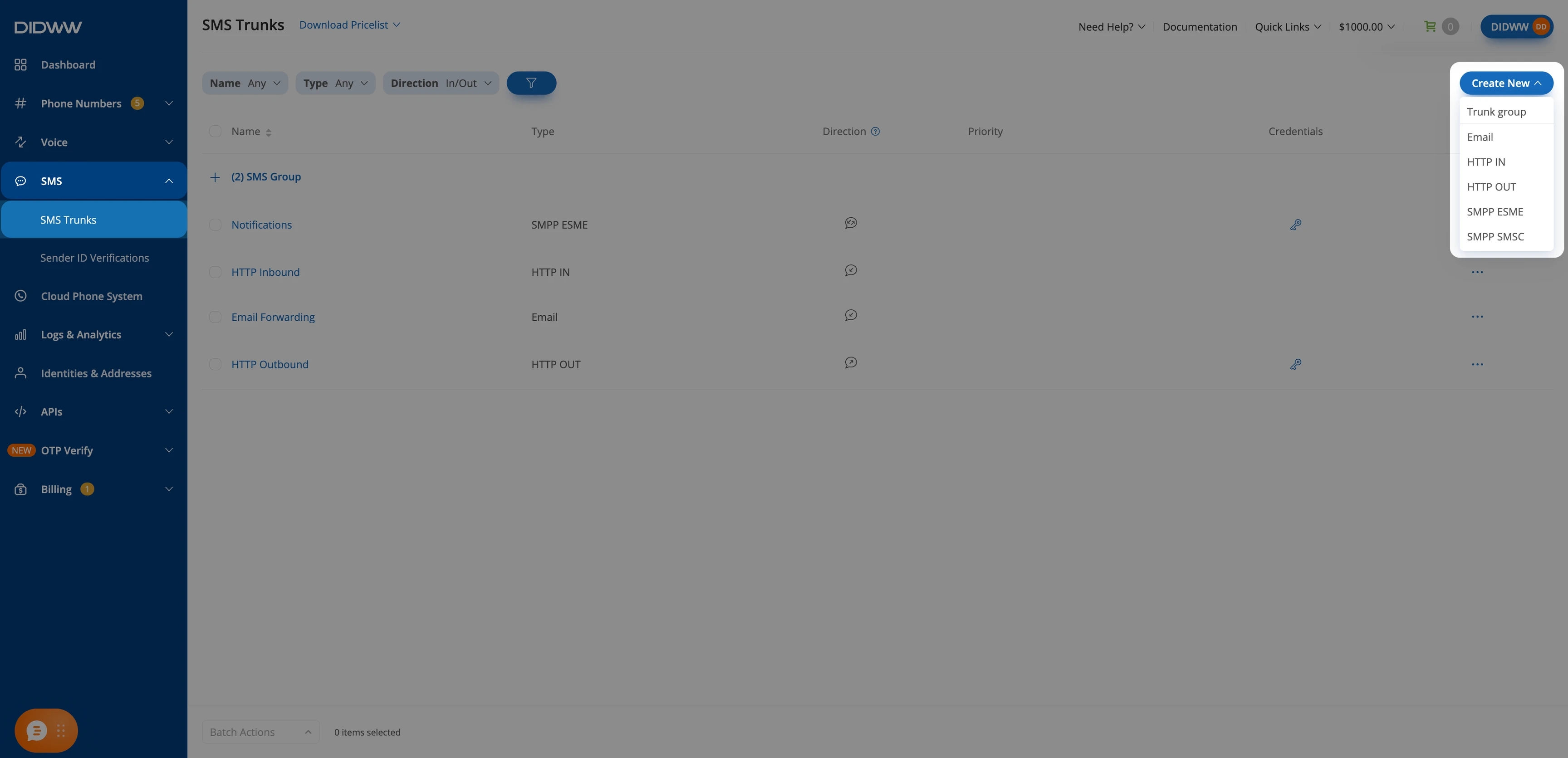 Creating a new SMPP ESME trunk from the Create New menu