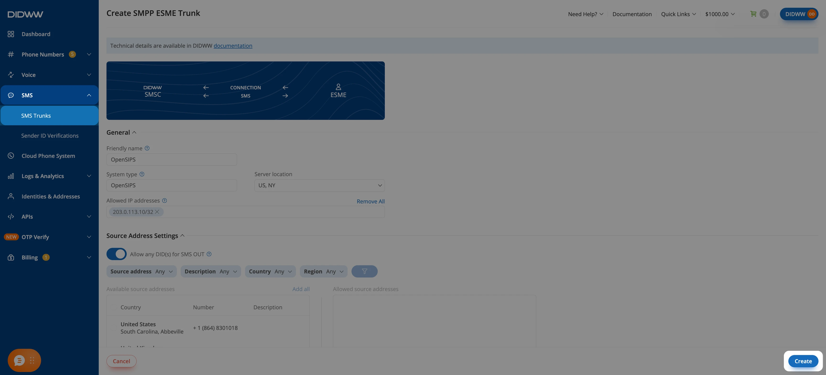 Create button in the Create SMPP ESME Trunk form