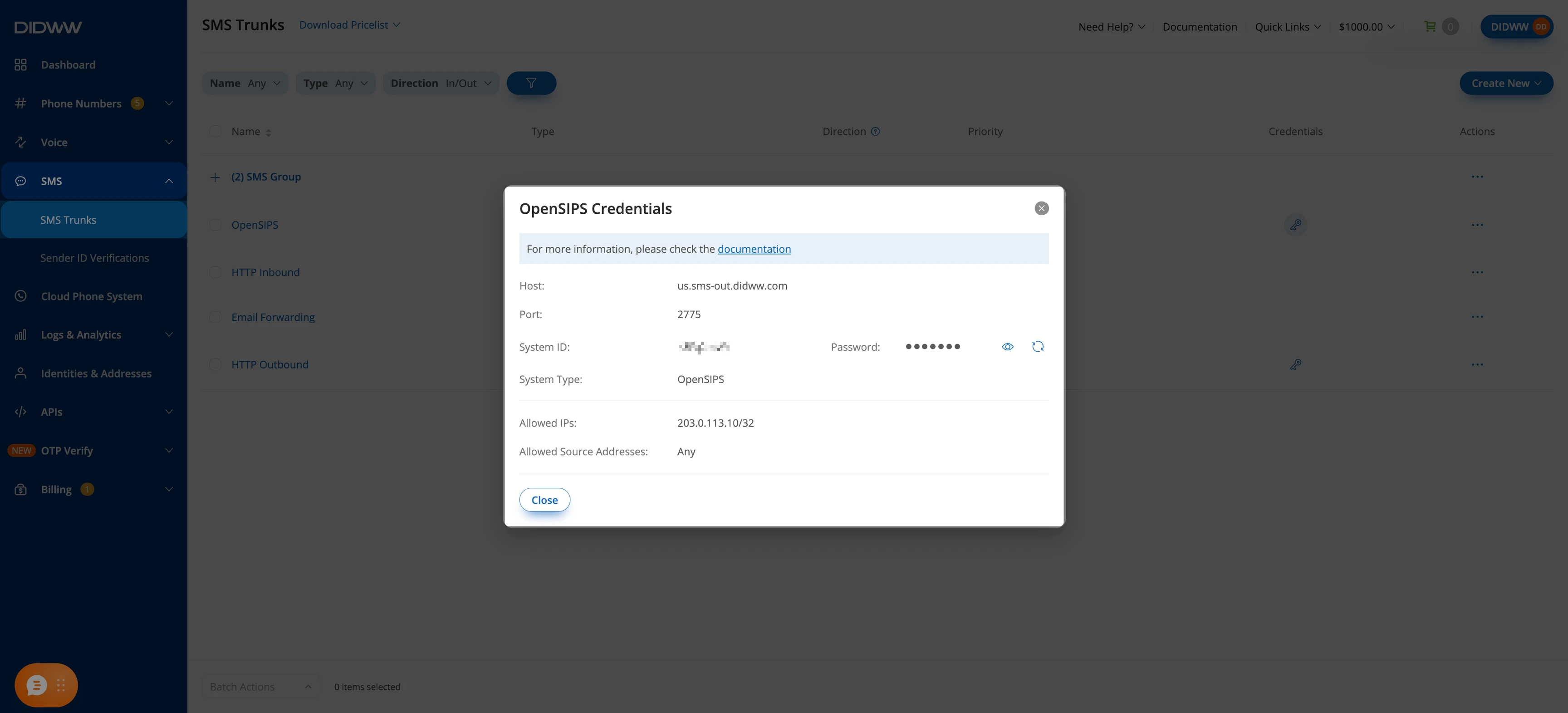 SMPP ESME trunk credentials showing the System ID, password, and host