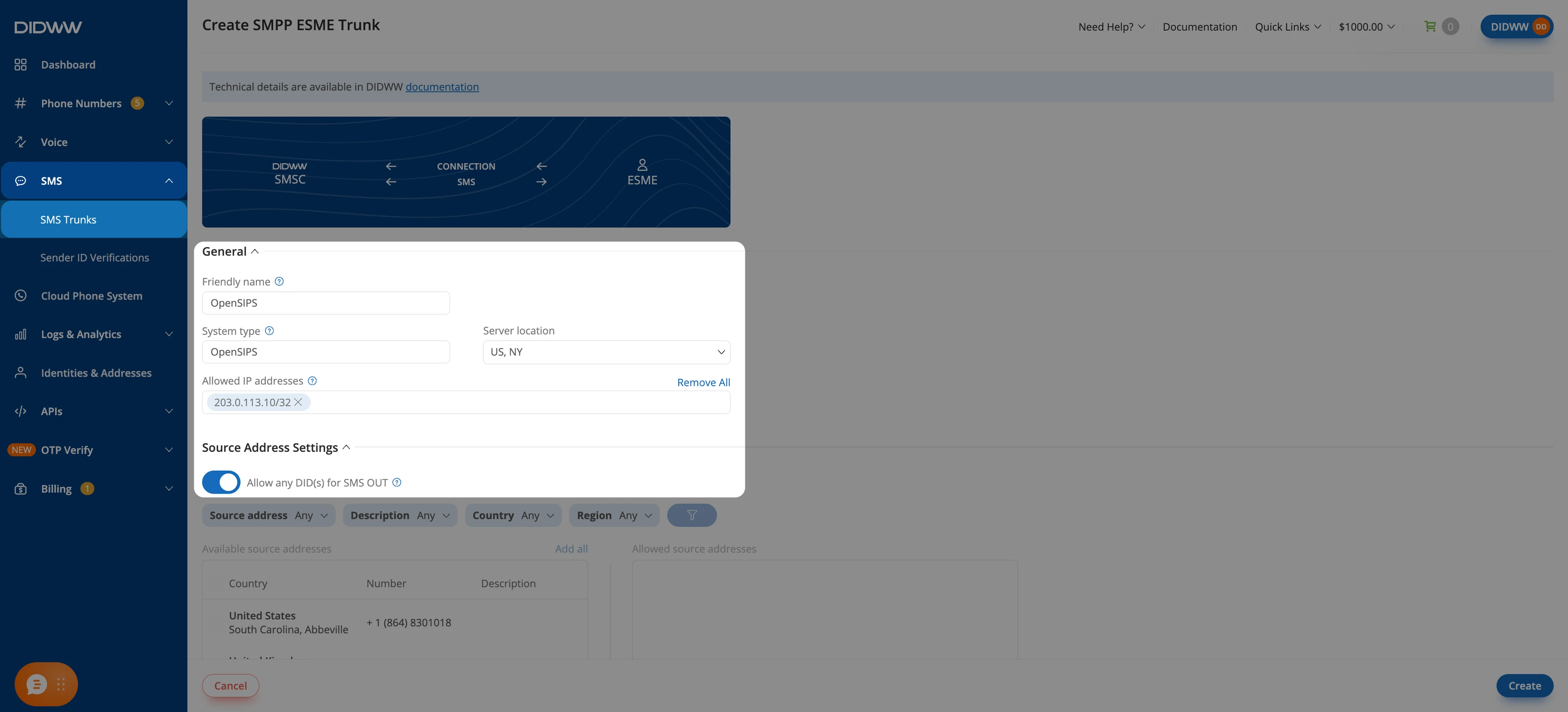 SMPP ESME trunk settings with friendly name, system type, server location, and source address settings