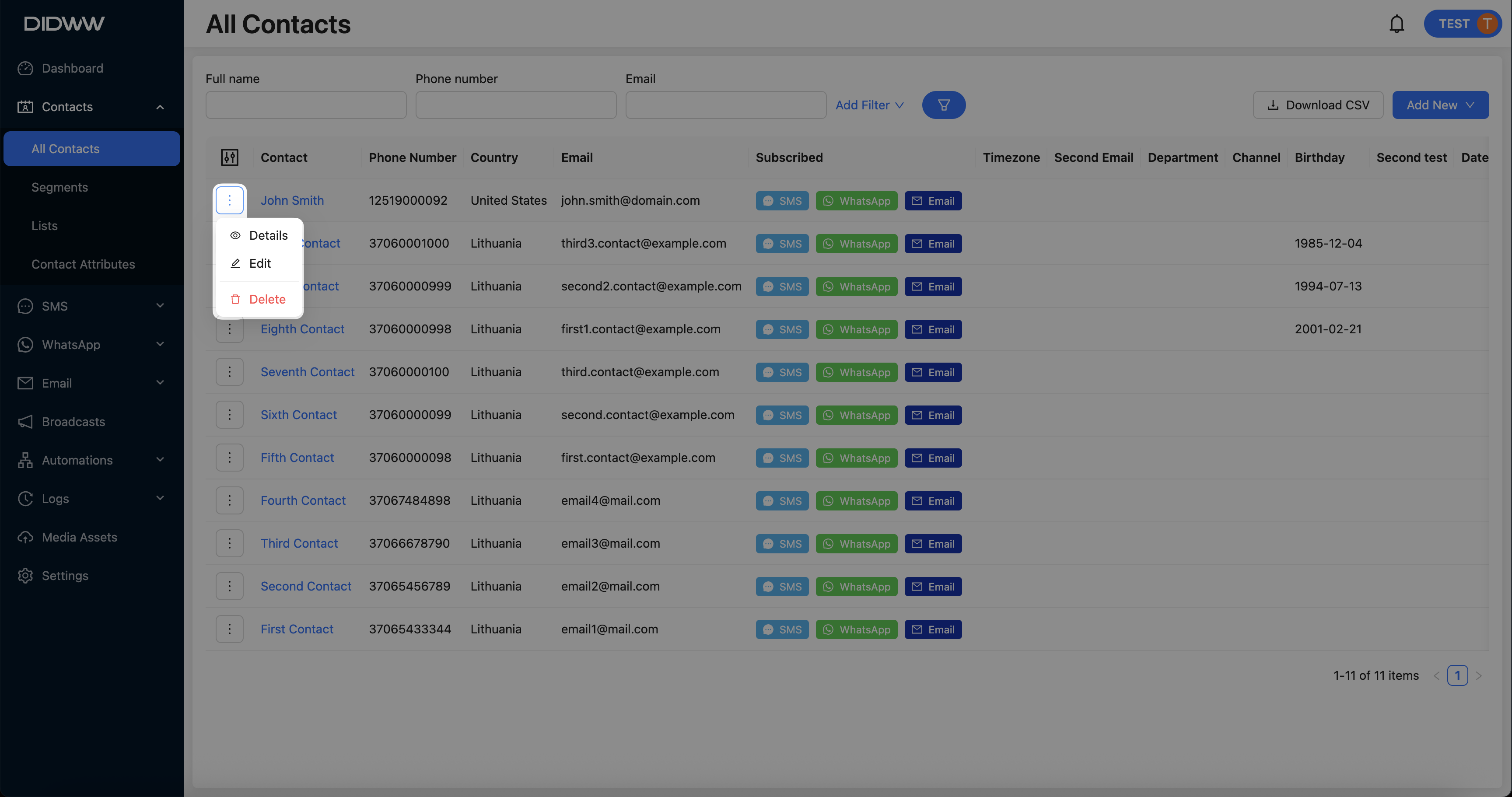 Actions button for contact management