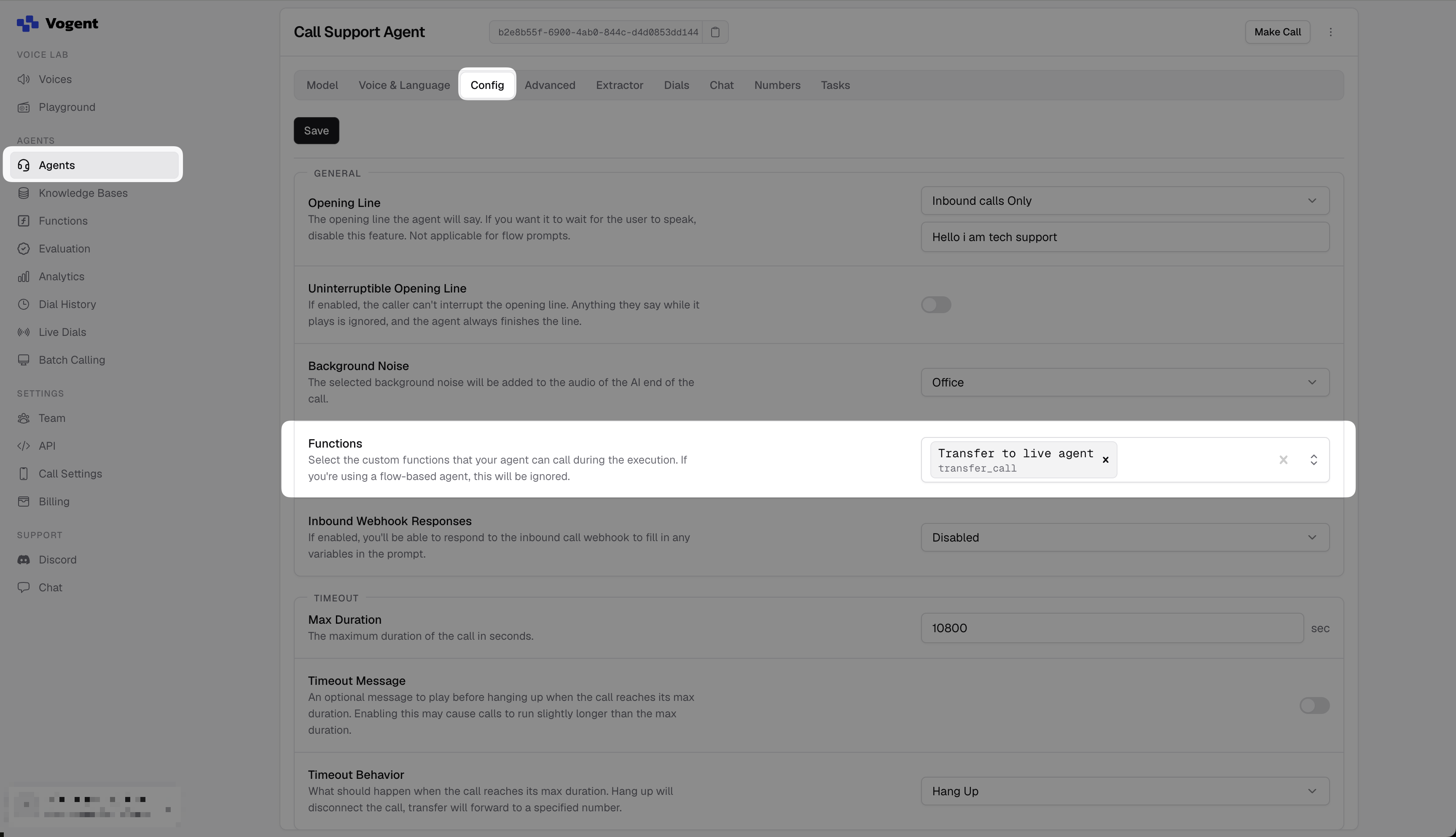 Call Transfer function selected on the agent Config tab