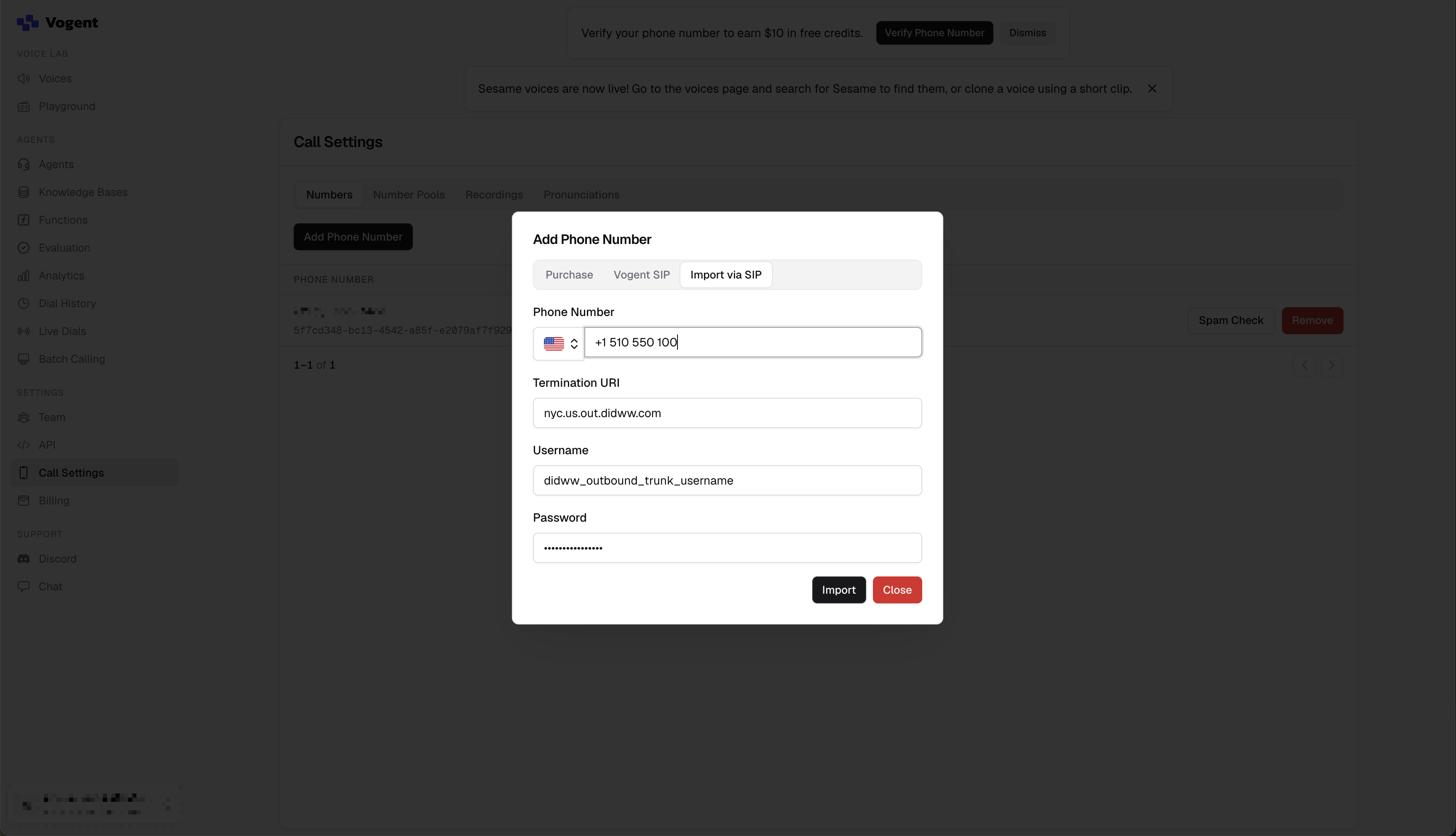 Add Phone Number pop-up in Vogent with the Import via SIP tab selected