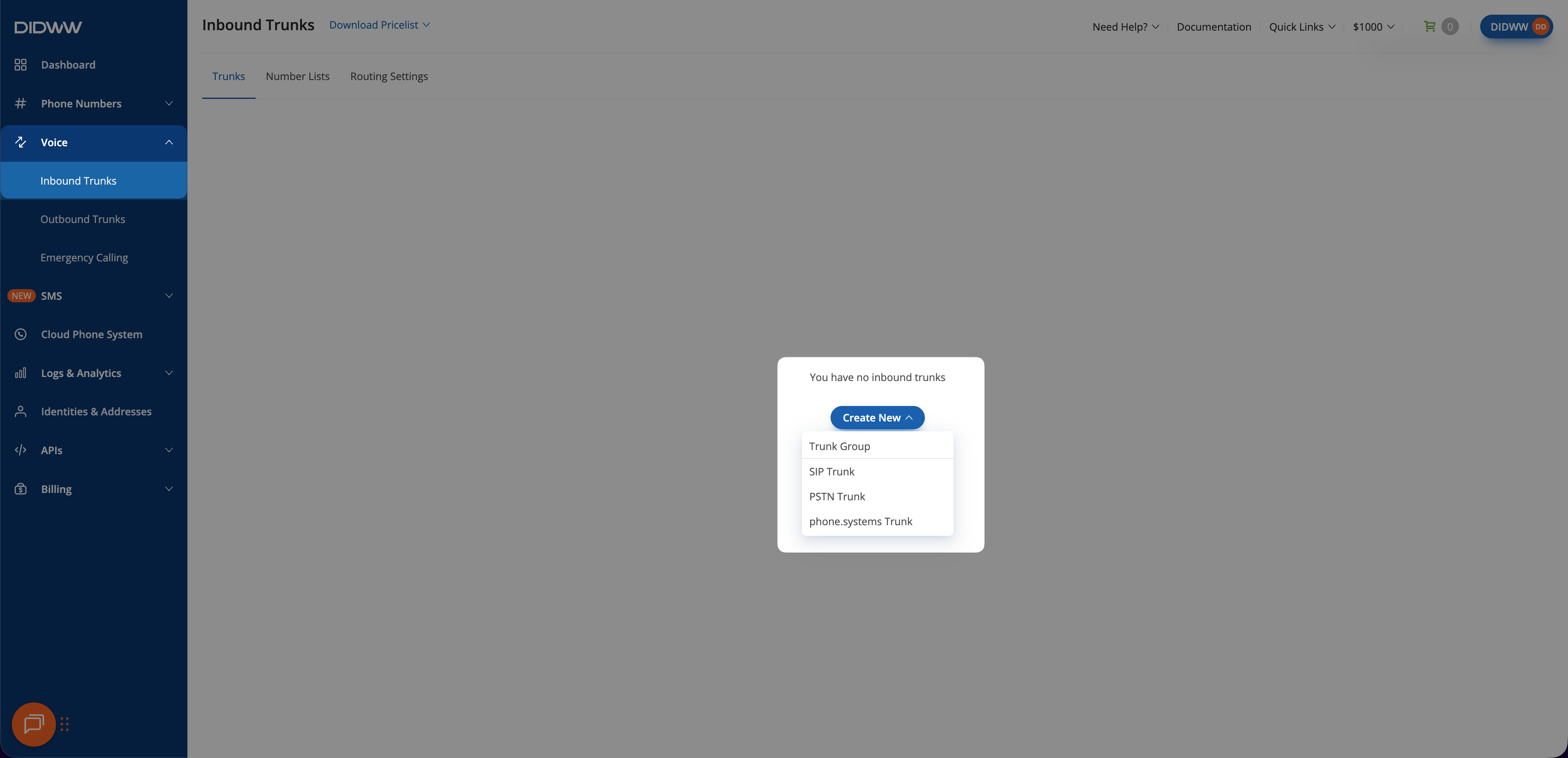 Creating a new inbound SIP trunk