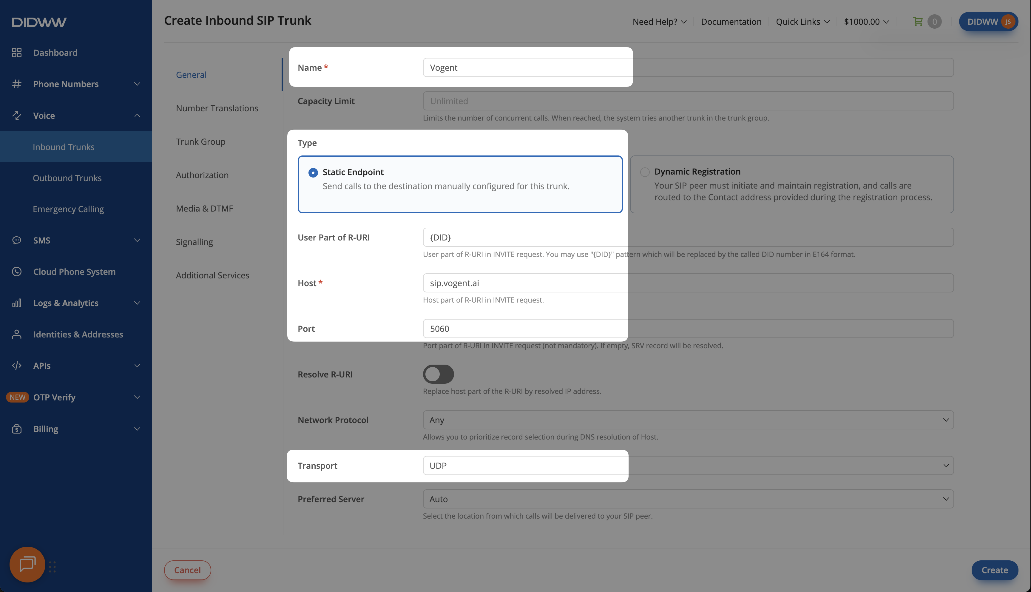 SIP trunk configured for Vogent