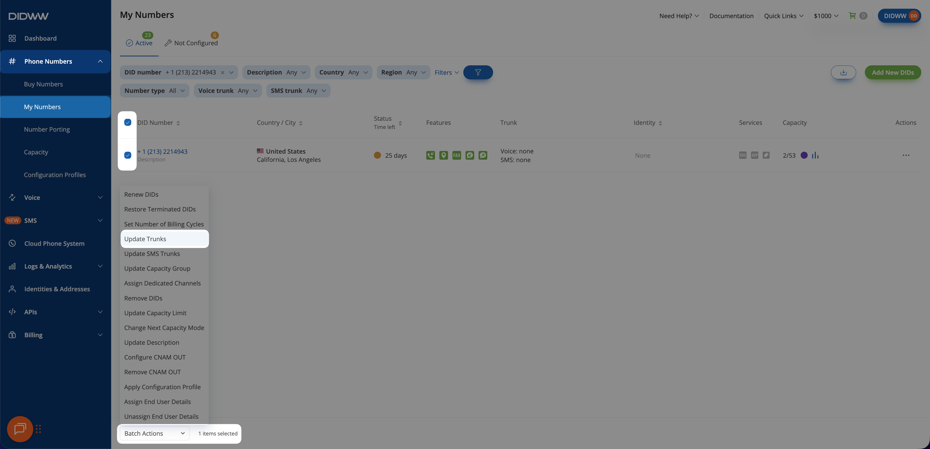 Selecting Update Trunks from the Batch Actions menu