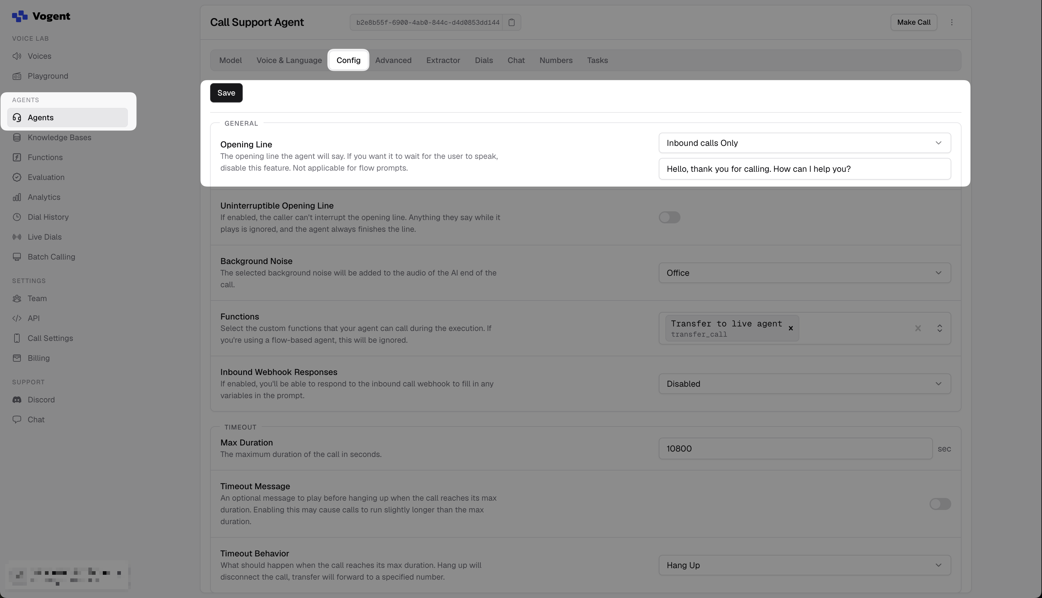 Opening Line set to Inbound calls Only on the agent Config tab, with Save visible