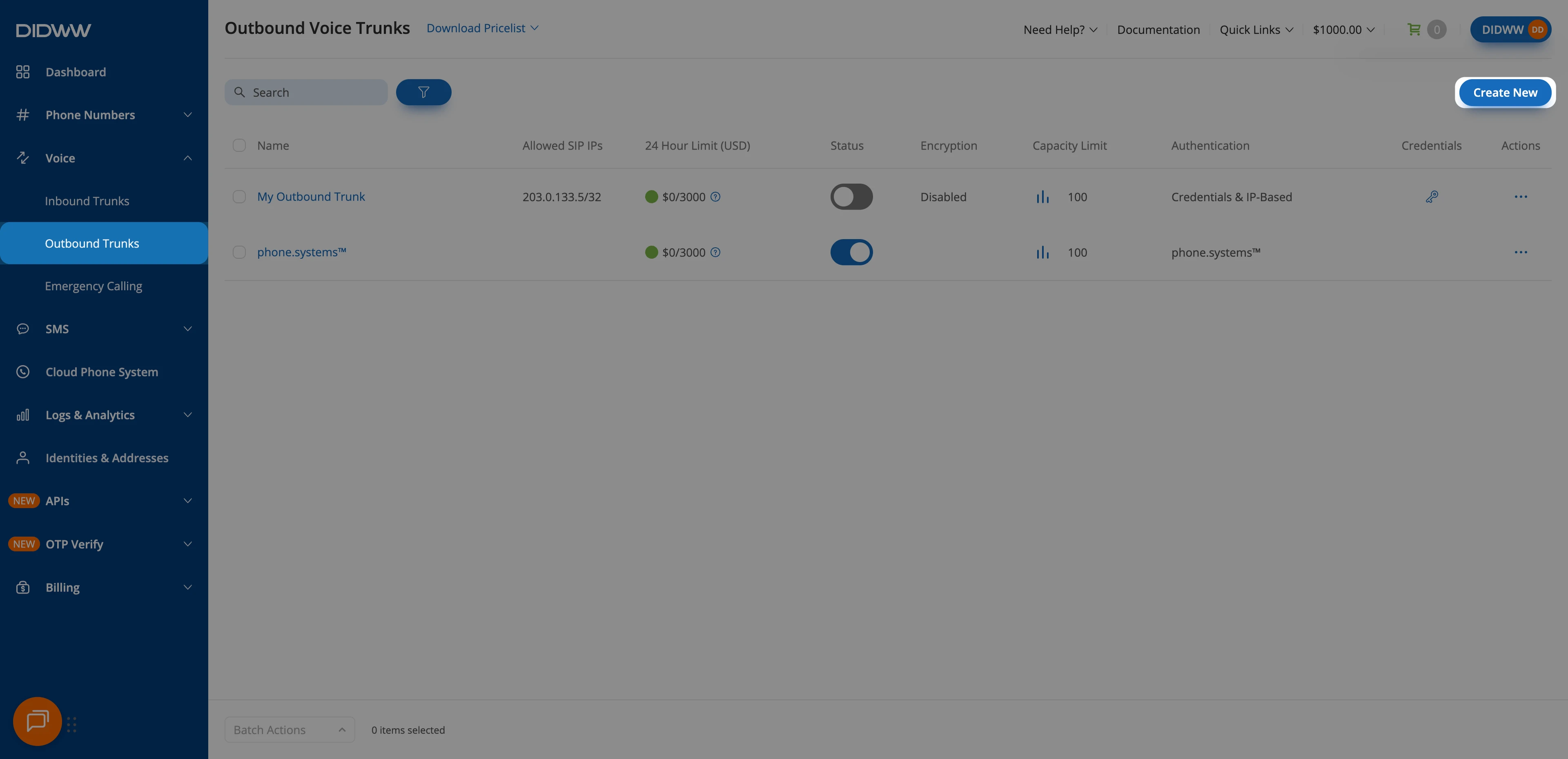 Creating a new outbound SIP trunk