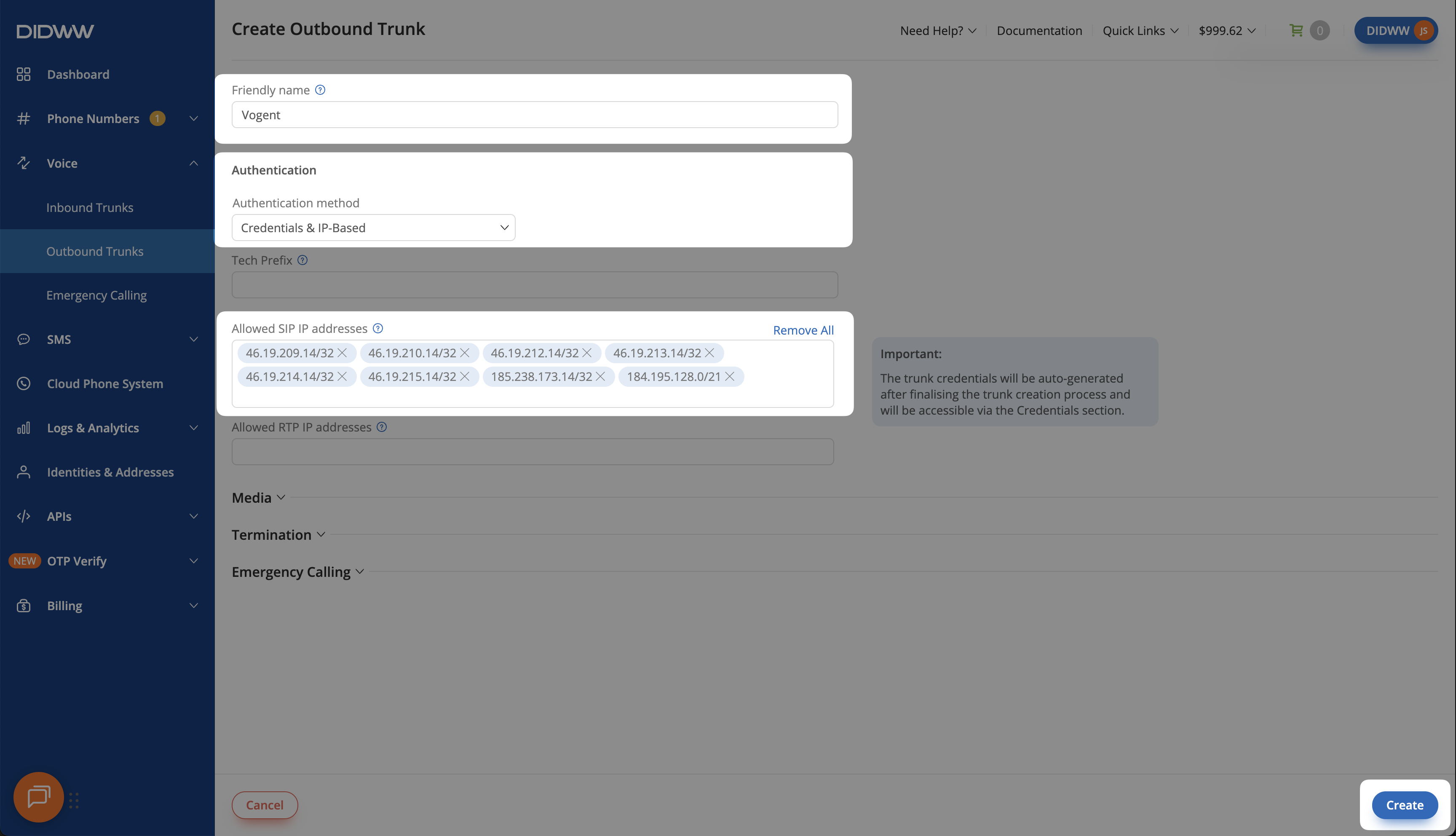 Outbound SIP trunk form configured for Vogent with the Create button highlighted