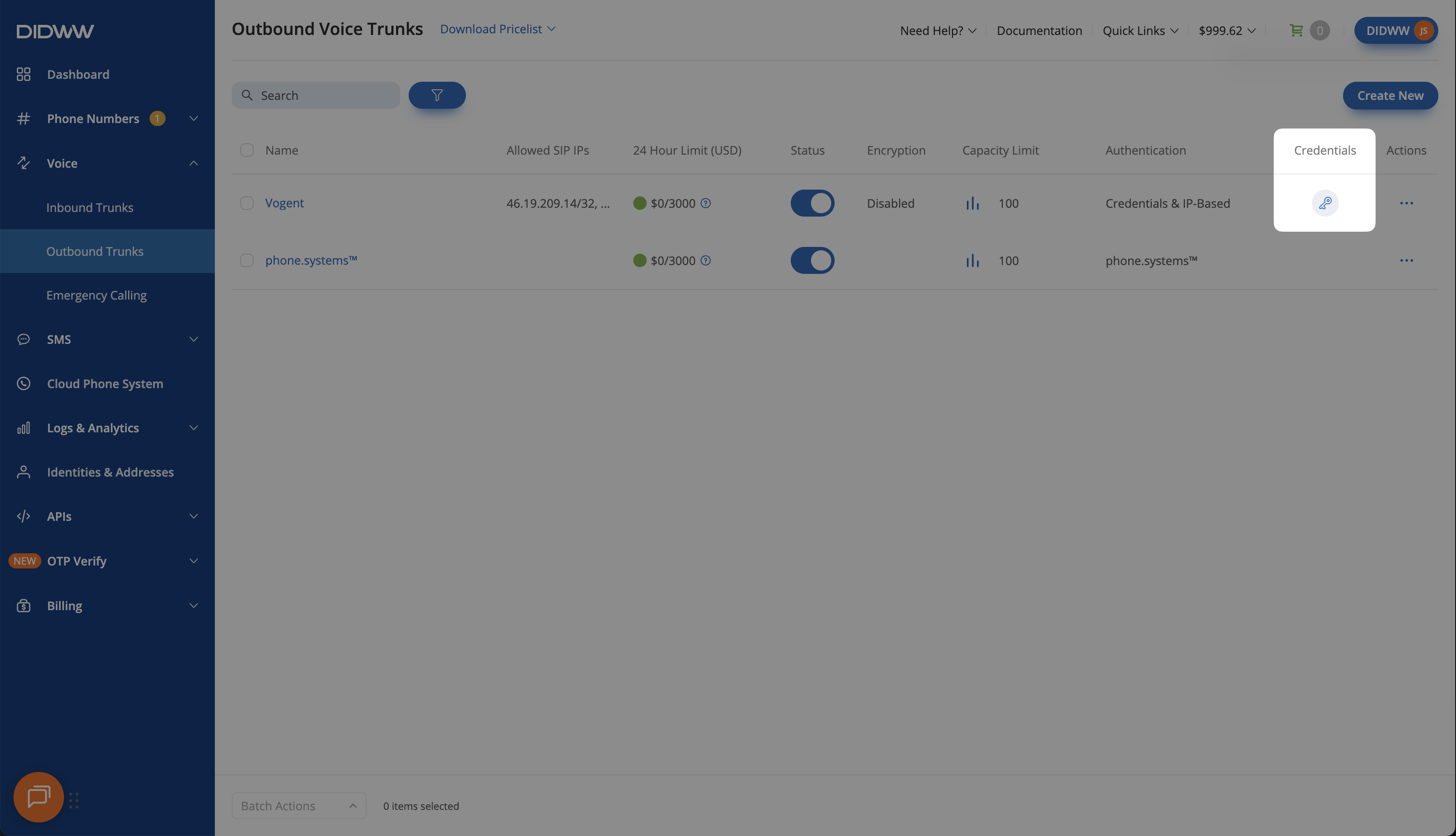 Accessing outbound trunk credentials